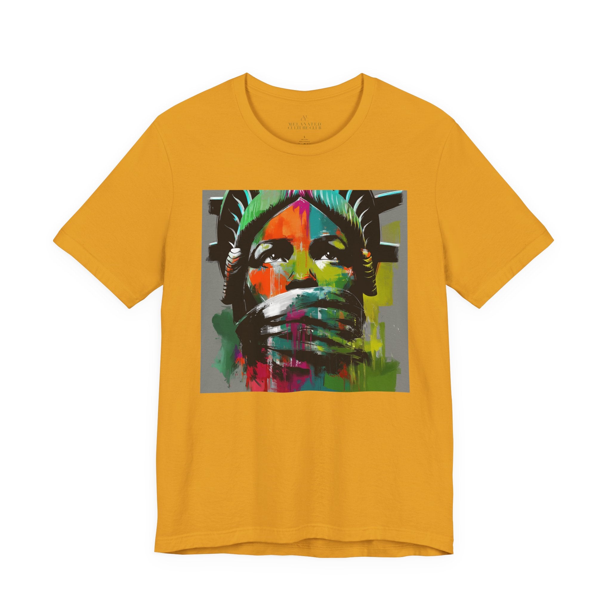 Black woman depicted as Statue of Liberty with mouth covered by white cloth symbolizing silenced freedom of speech First Amendment protest art on tee shirt