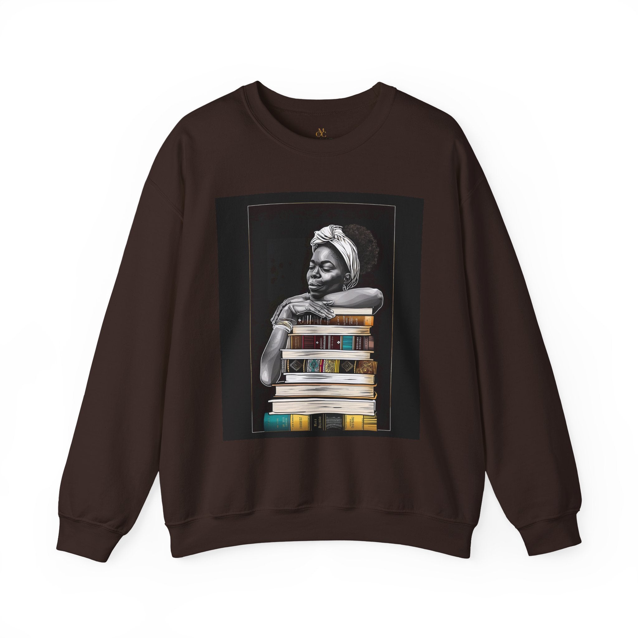 Afrocentric unisex sweatshirt featuring a Black woman embracing books. Cozy crewneck celebrating education, knowledge, freedom, and generational legacy.