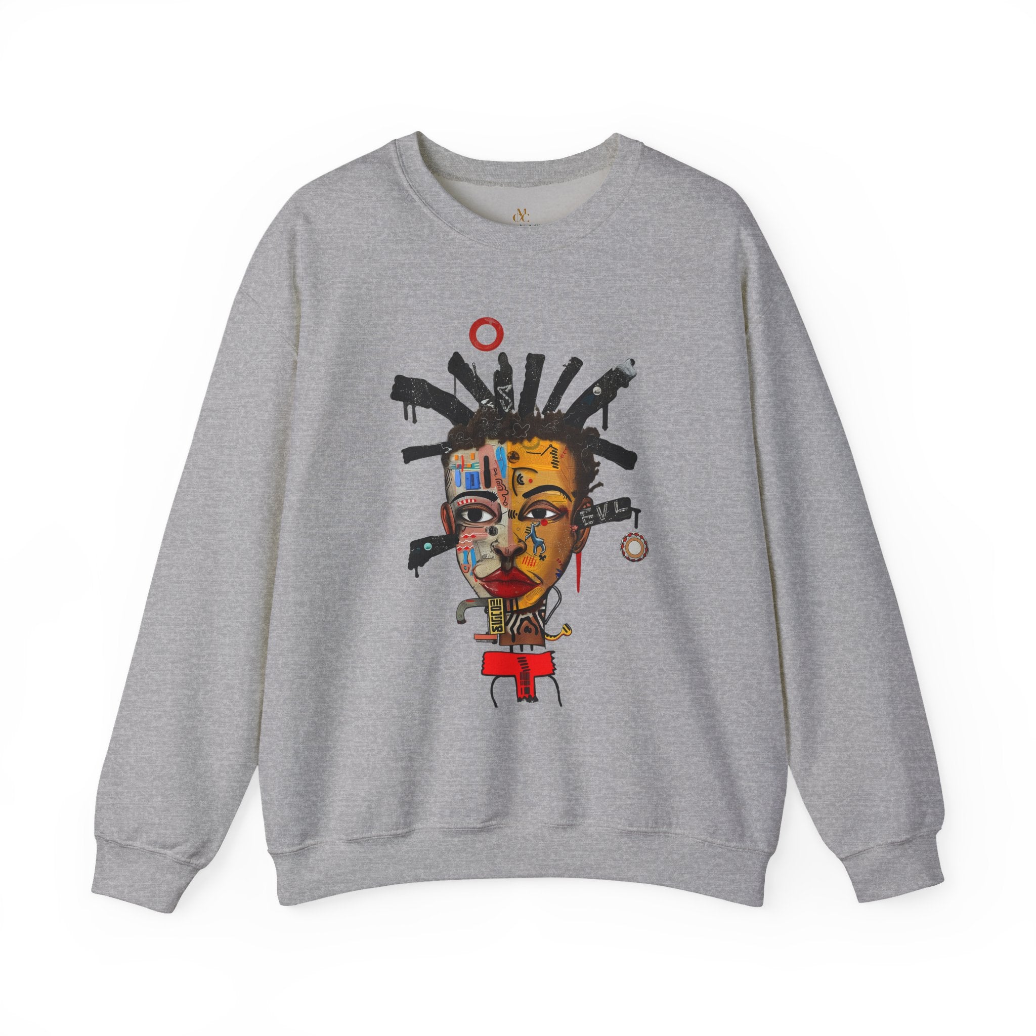 Abstract Afrocentric sweatshirt featuring a split-face portrait of a Black man, half human and half robot, with expressive facial features and futuristic mechanical details in an Afrofuturism art style.