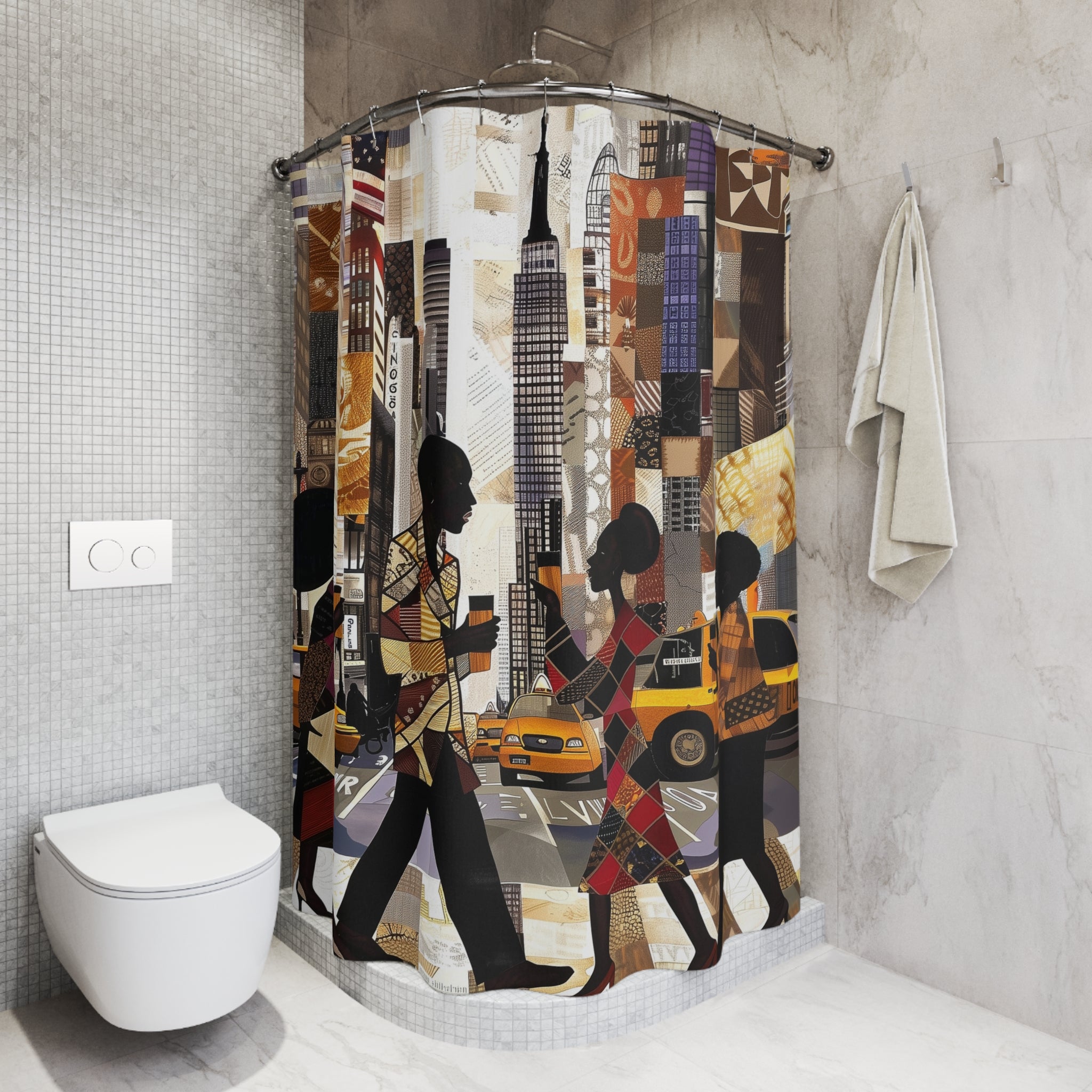 Afrocentric NYC shower curtain featuring Black professionals walking during Manhattan morning rush hour with coffee cups in a modern abstract graffiti  style.