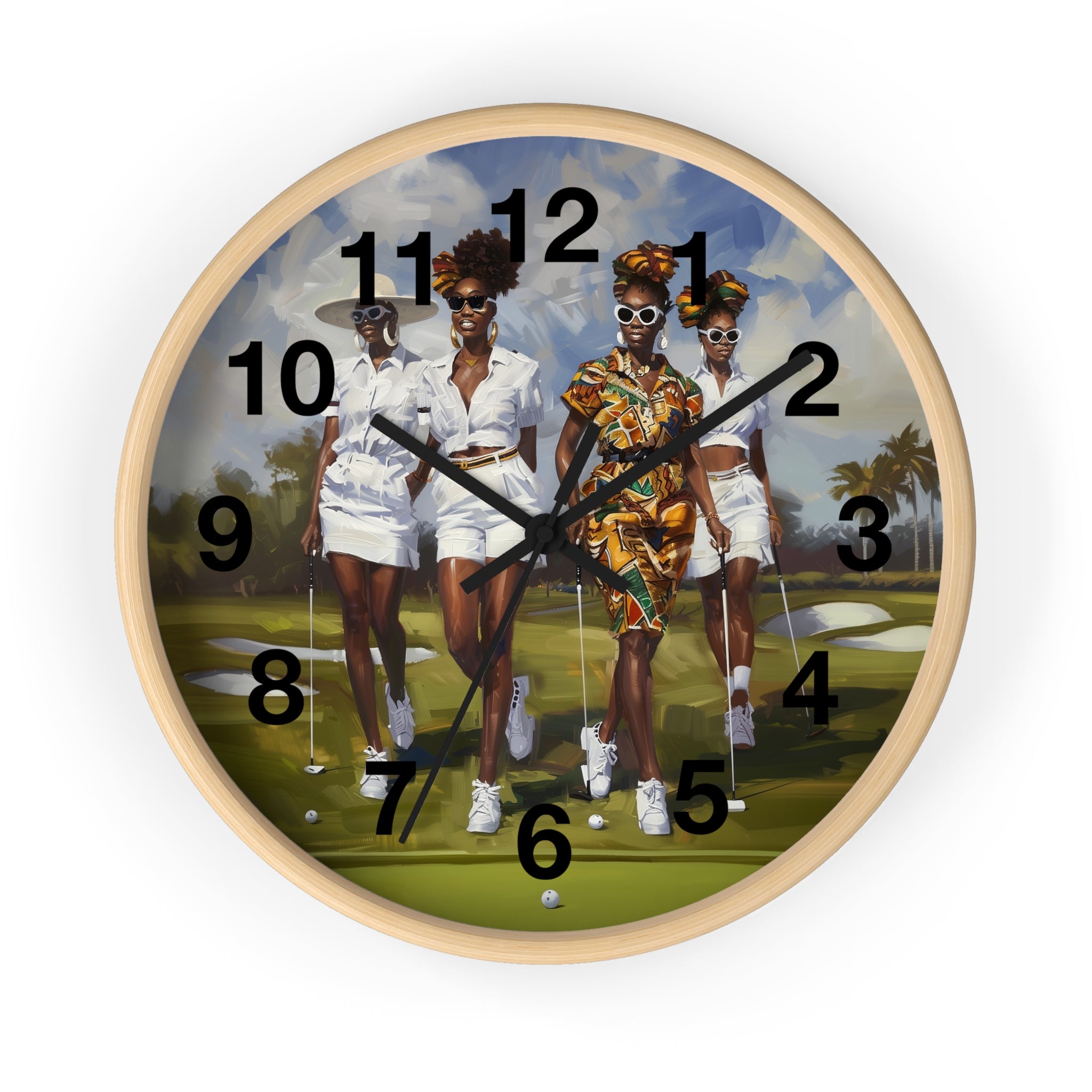 Round wall clock with a faux oak wood frame and a printed design of four Black women walking on a golf course, with black numerals and hands.