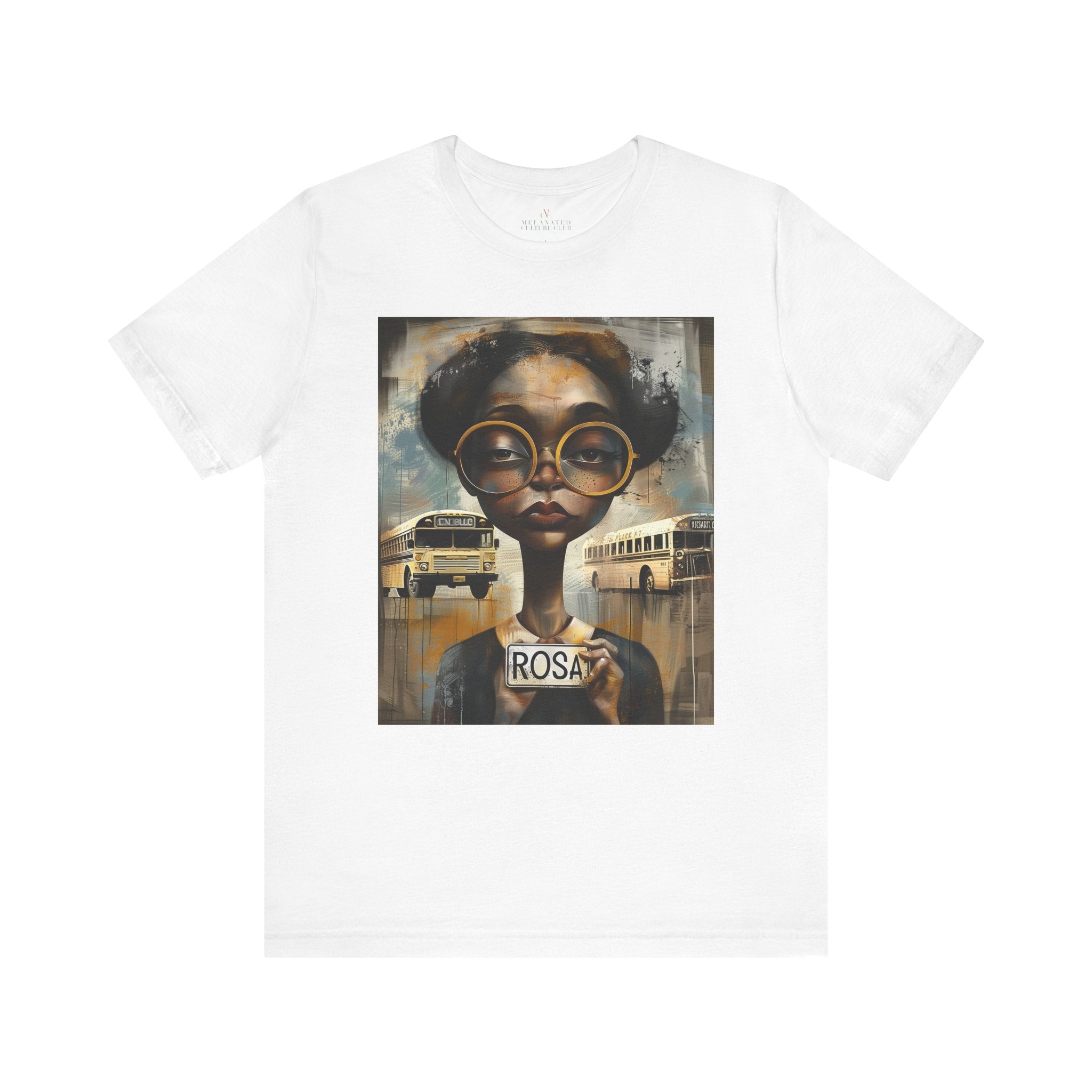 Rosa Parks Mugshot T-Shirt featuring her 1955 booking photo in a bold graphic design. Afrocentric streetwear style honoring civil rights history and Black heritage.