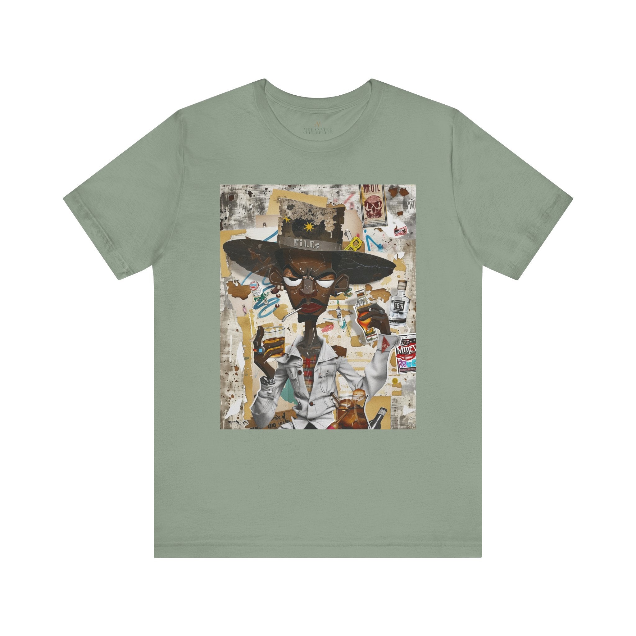 Afrocentric Black Cowboy Tee Cartoon Style Graffiti - Style 08 in sage