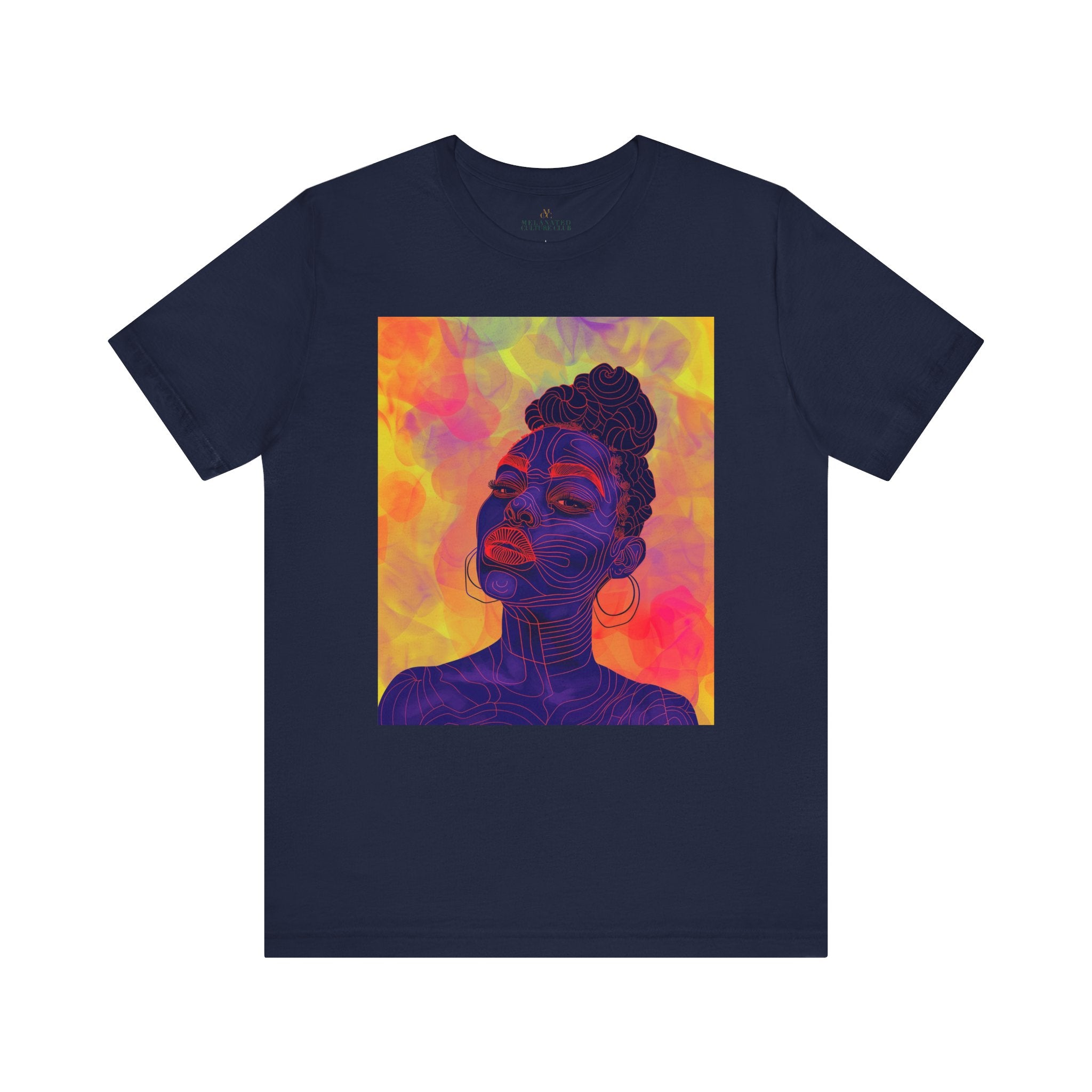 Leela Tee featuring Black woman with royal blue skin and red lipstick, Afrocentric fashion t-shirt for African American women, unisex apparel.