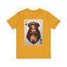 Black Queen of Spades Tee Shirt featuring an illustrated African American woman with an afro and gold crown, styled as the Queen of Spades playing card. Afrocentric vintage-inspired streetwear design in bold red, gold, and black colors.