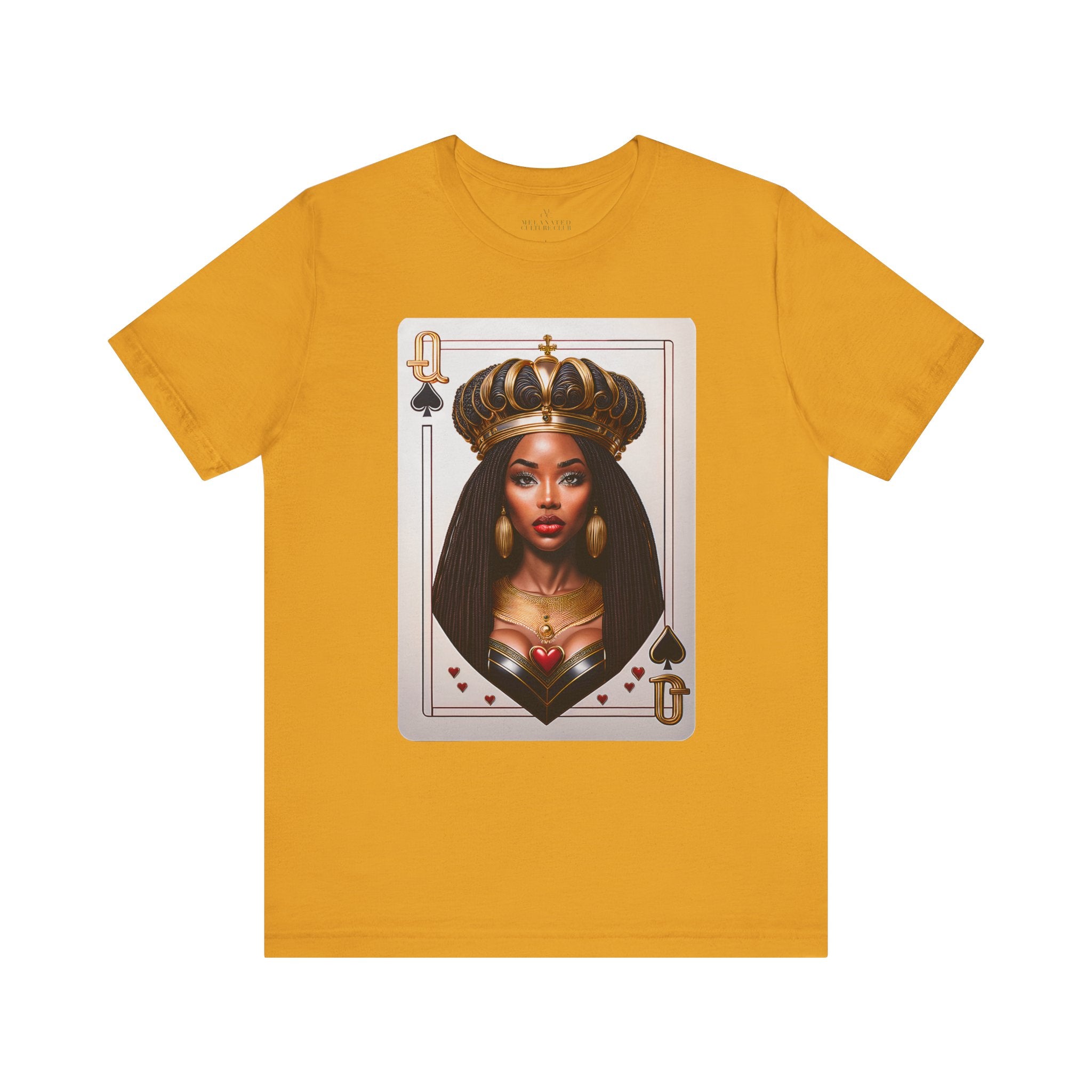 Black Queen of Spades Tee Shirt featuring an illustrated African American woman with an afro and gold crown, styled as the Queen of Spades playing card. Afrocentric vintage-inspired streetwear design in bold red, gold, and black colors.
