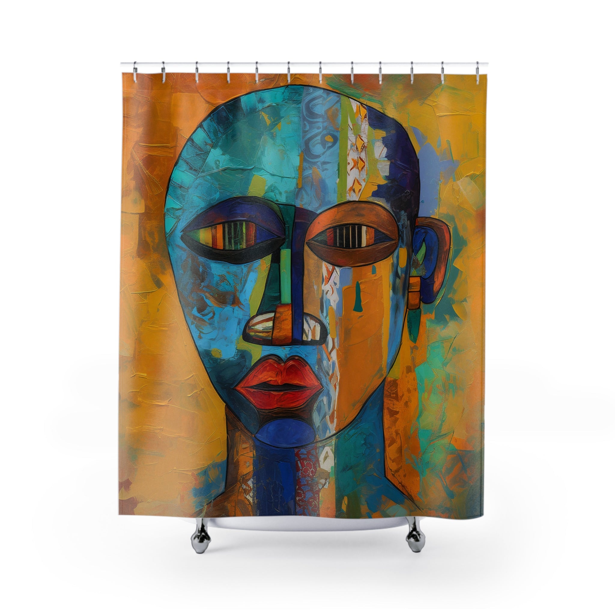 Bathroom shower curtain featuring an abstract African mask design with bold Afrocentric patterns, ideal for African-inspired home decor.