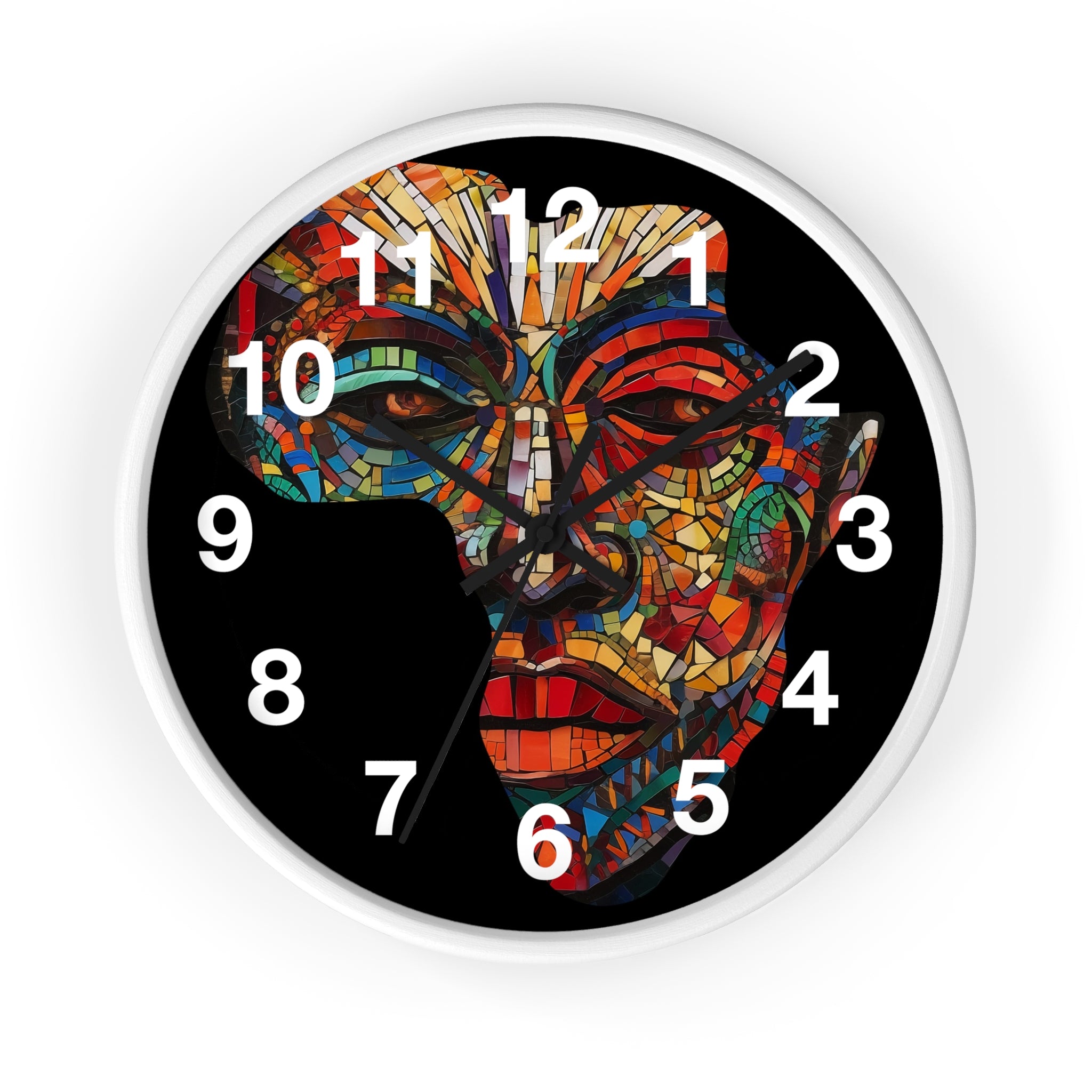 African Mosaic Mask Round Wall Clock featuring a mosaic-style African mask in the shape of the continent of Africa. Abstract Afrocentric wall decor with bold geometric patterns and vibrant colors.