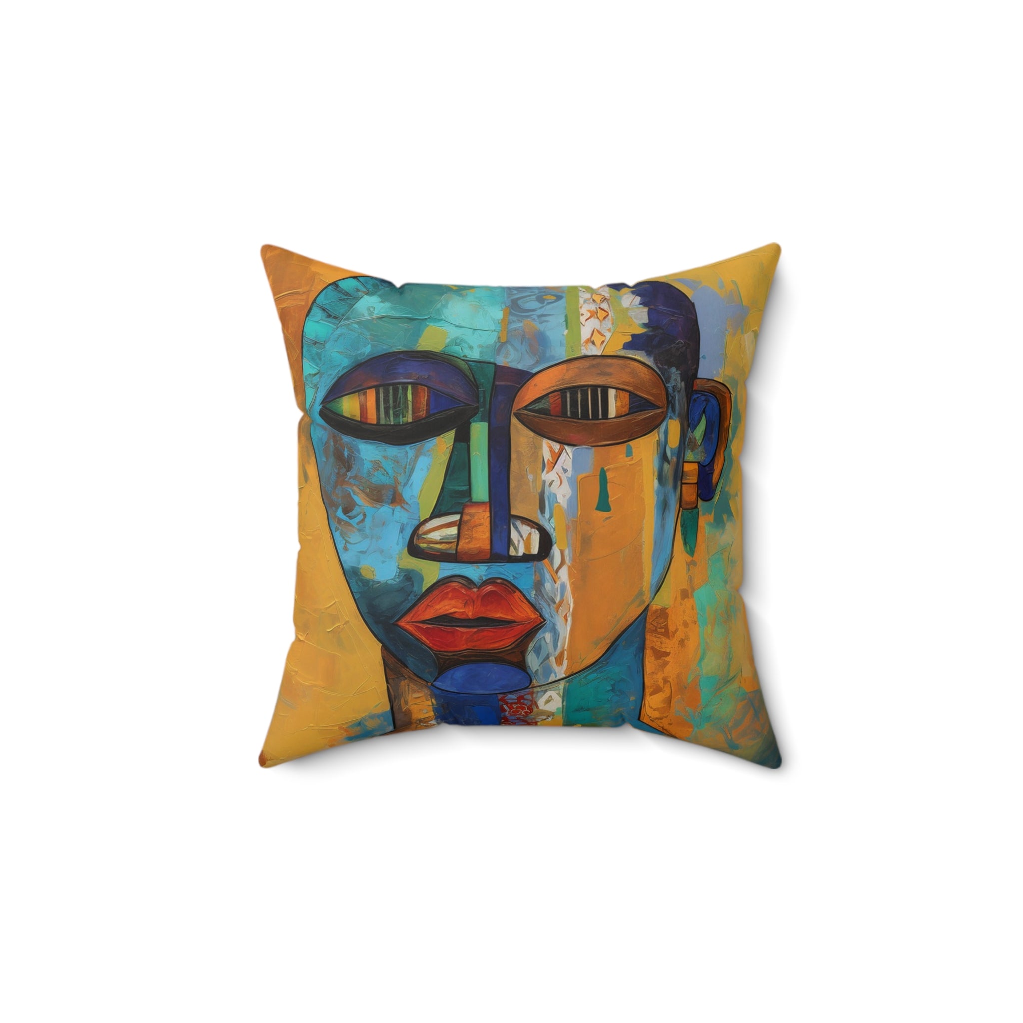 African Mask Faux Suede Square Pillow featuring an abstract African mask design in vibrant gold, teal, and orange colors. Afrocentric home decor accent for sofa or bed, celebrating African culture and modern abstract art.