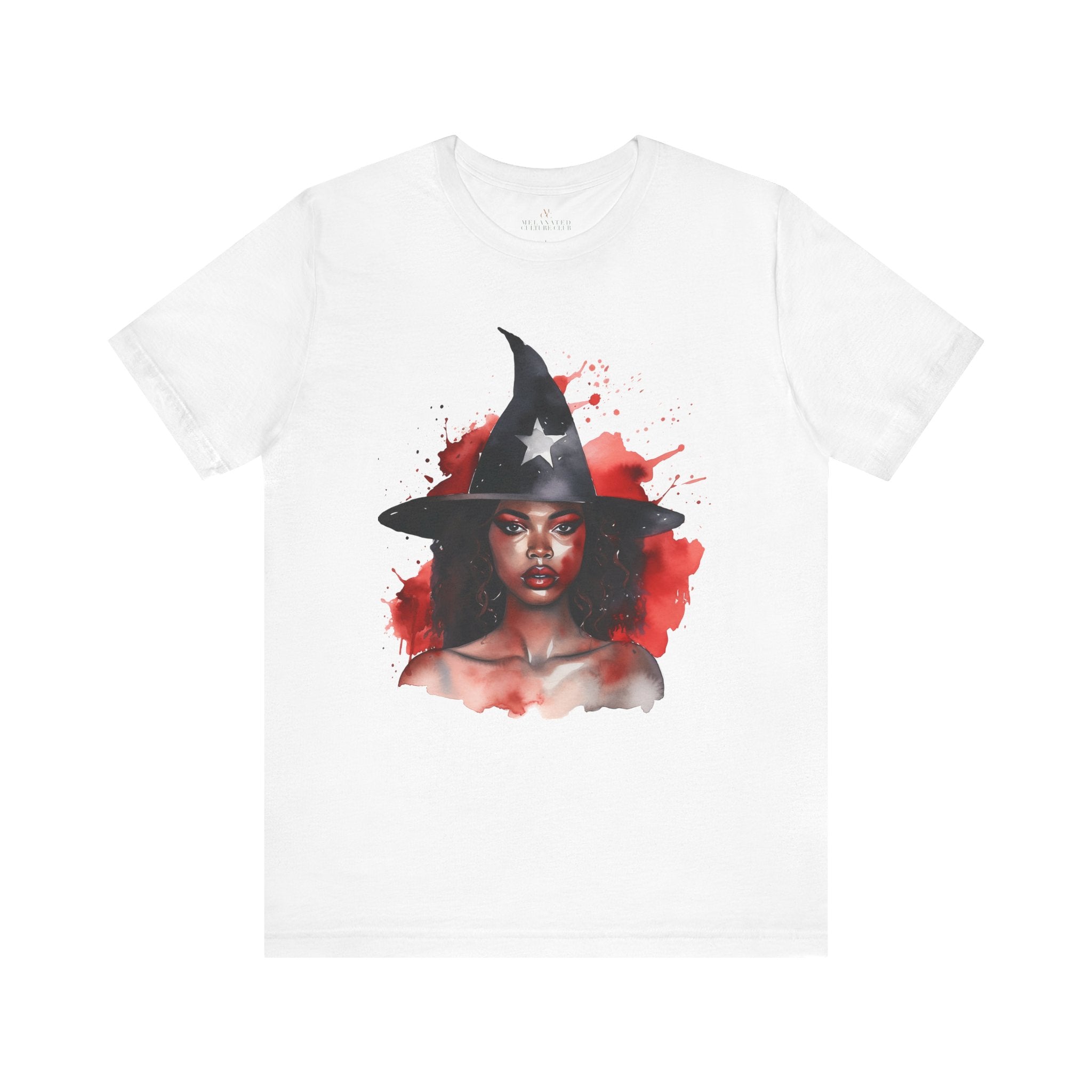 Black Witch Tee Shirt featuring an Afrocentric illustration of a beautiful African American witch in Halloween style, unisex graphic tee for Afrocentric fashion and spooky season streetwear.