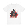 Black Witch Tee Shirt featuring an Afrocentric illustration of a beautiful African American witch in Halloween style, unisex graphic tee for Afrocentric fashion and spooky season streetwear.