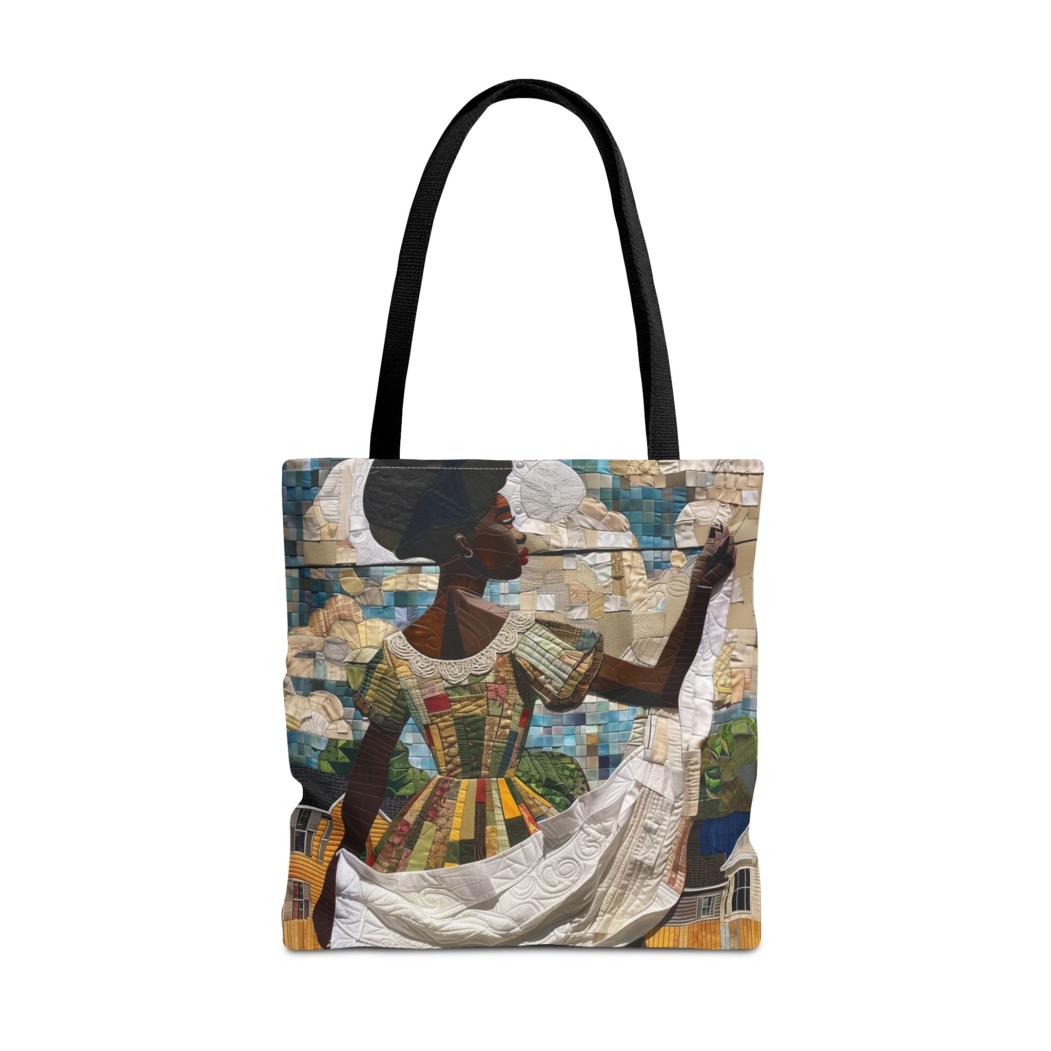 Tote bag featuring a Black woman hanging freshly washed sheets on an outdoor clothesline, created in a three-dimensional mosaic quilt collage style with flowing fabric and textured details, displayed against a white background.