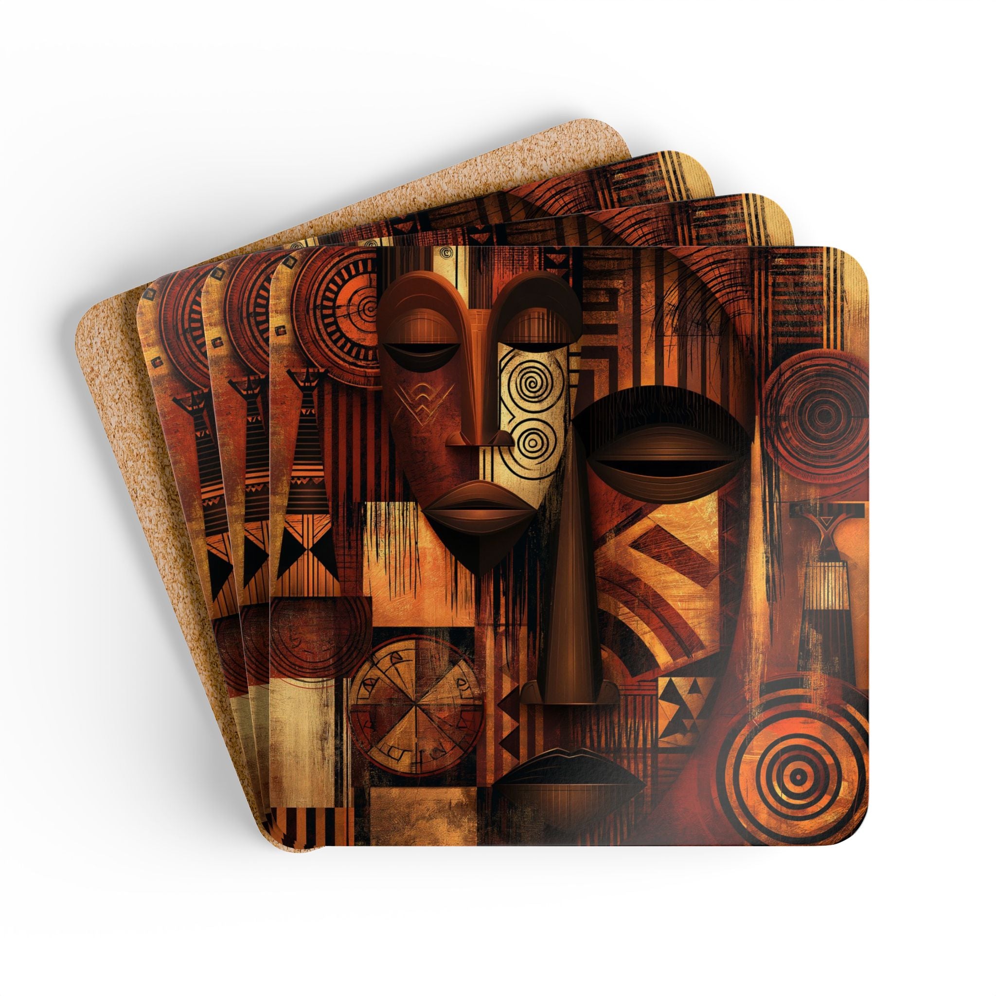 Set of four African Mask beverage coasters featuring vibrant Afrocentric artwork with cork backing, perfect for protecting tables while adding African American cultural style to living rooms, coffee tables, kitchens, and home bars.