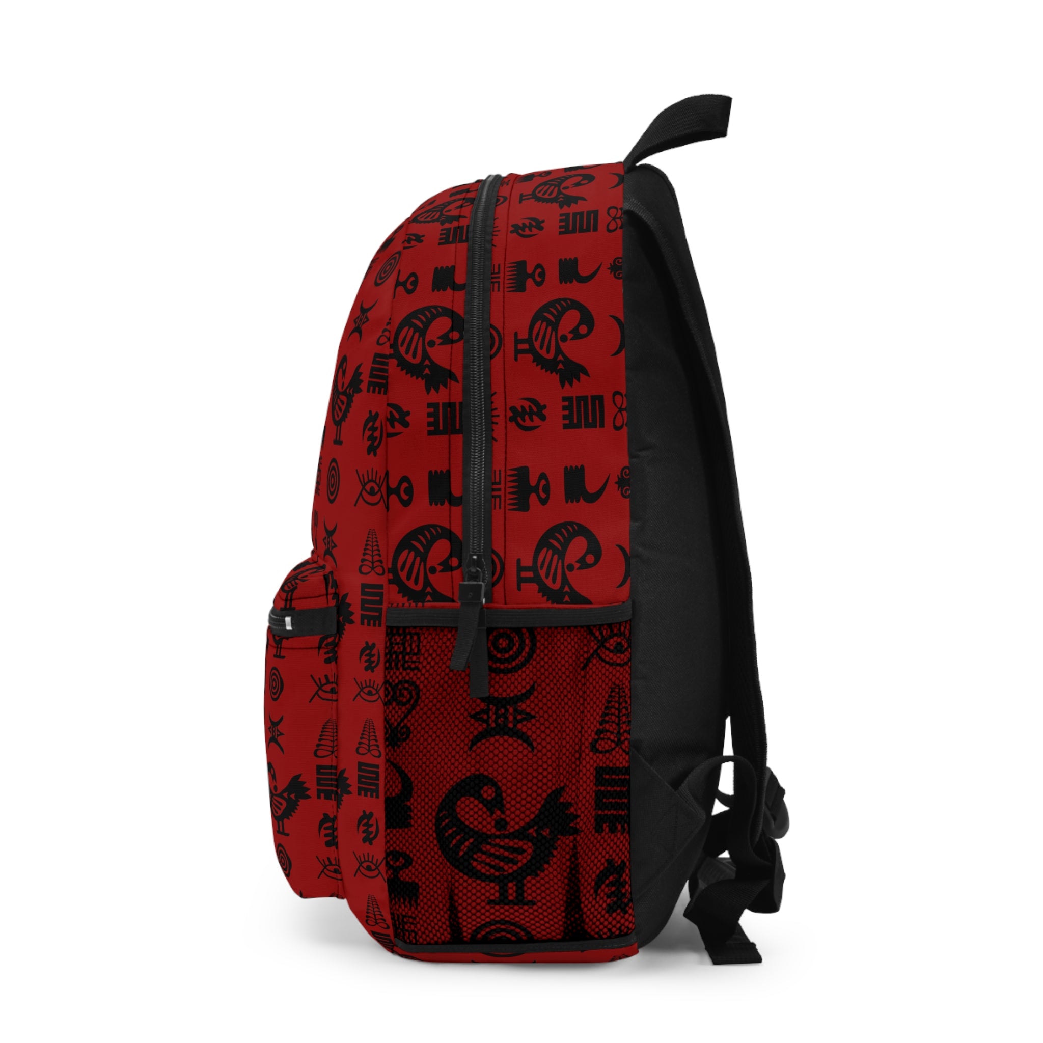 Backpack for school and travel featuring traditional Ghanaian Adinkra symbols in an Afrocentric pattern celebrating African heritage, culture, wisdom, and unity.