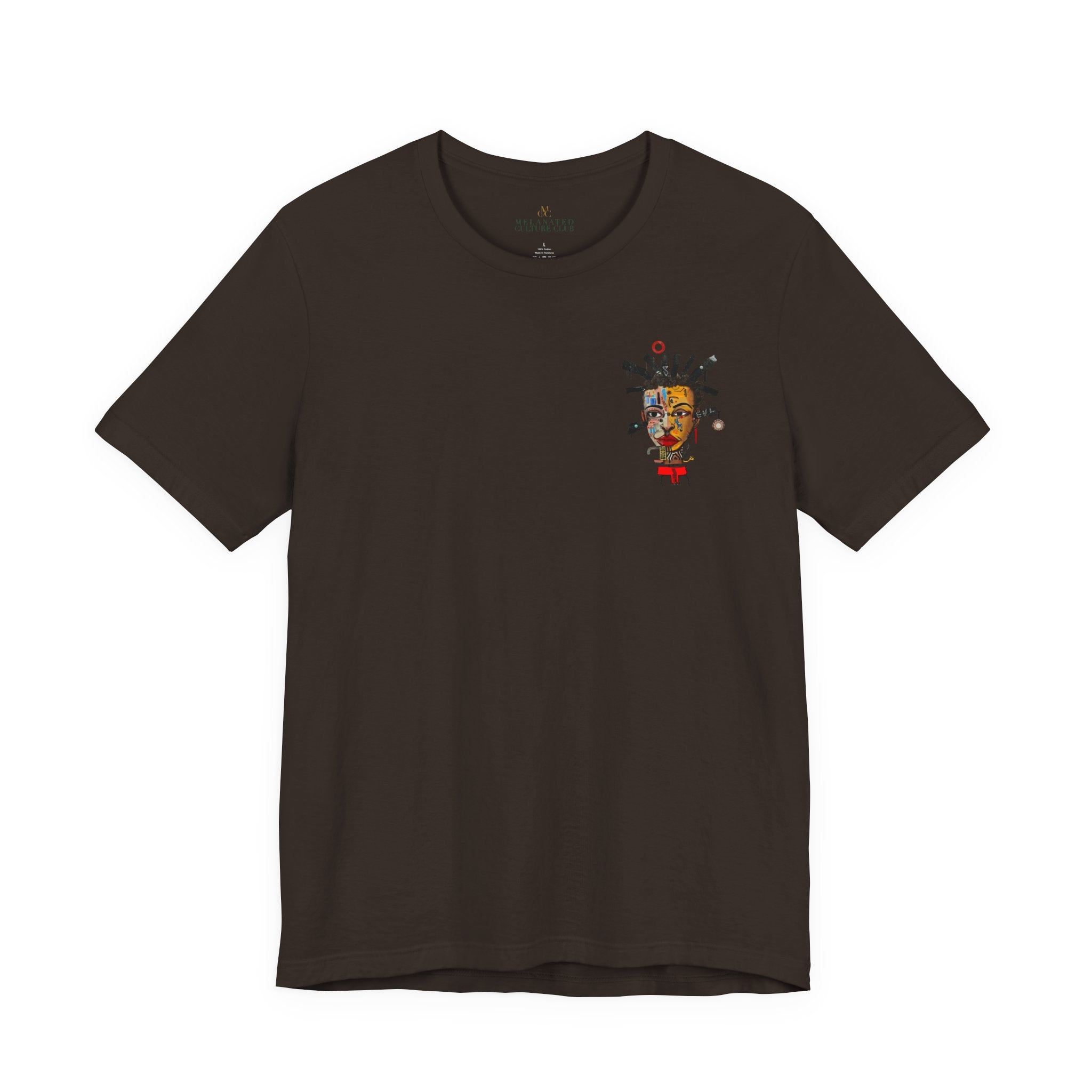 Abstract Afrocentric t-shirt featuring a split-face portrait of a Black man, half human and half robot, with expressive facial features and futuristic mechanical details in an Afrofuturism art style.  Robot man art on both front and back of t-shirt. Series 02