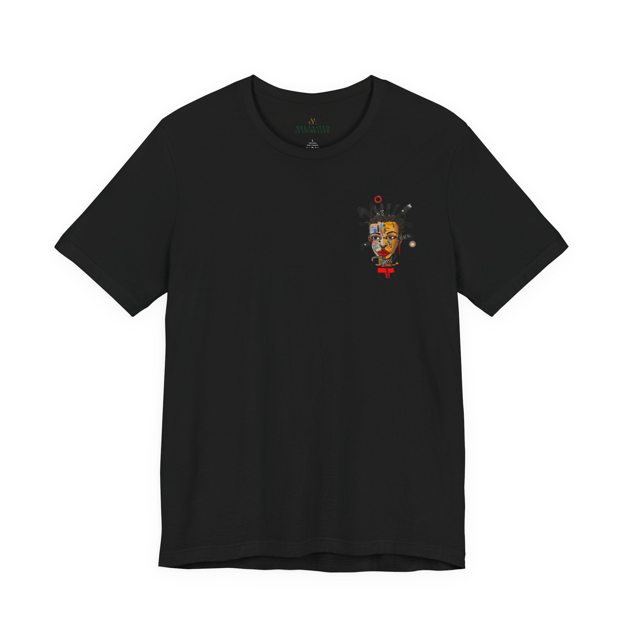 Abstract Afrocentric t-shirt featuring a split-face portrait of a Black man, half human and half robot, with expressive facial features and futuristic mechanical details in an Afrofuturism art style.  Robot man art on both front and back of t-shirt. Series 02