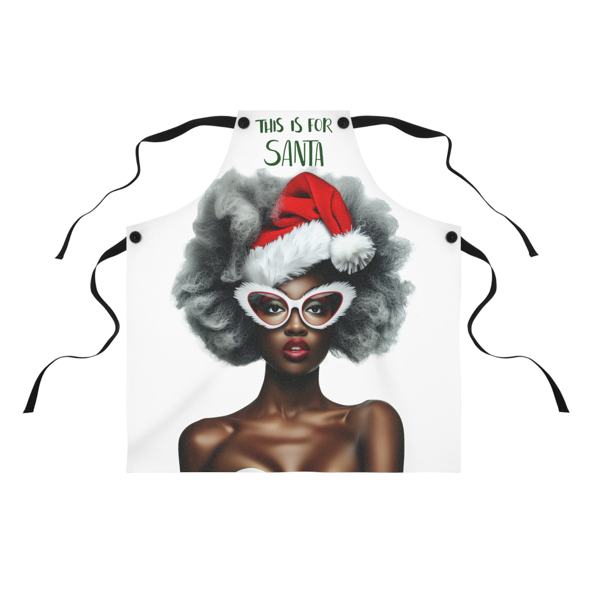 Mrs. Black Santa Christmas Apron featuring African American Mrs. Claus design with red eyeglasses and red lipstick, festive holiday kitchen apron perfect for Christmas cooking, baking, and entertaining.