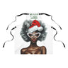 Mrs. Black Santa Christmas Apron featuring African American Mrs. Claus design with red eyeglasses and red lipstick, festive holiday kitchen apron perfect for Christmas cooking, baking, and entertaining.