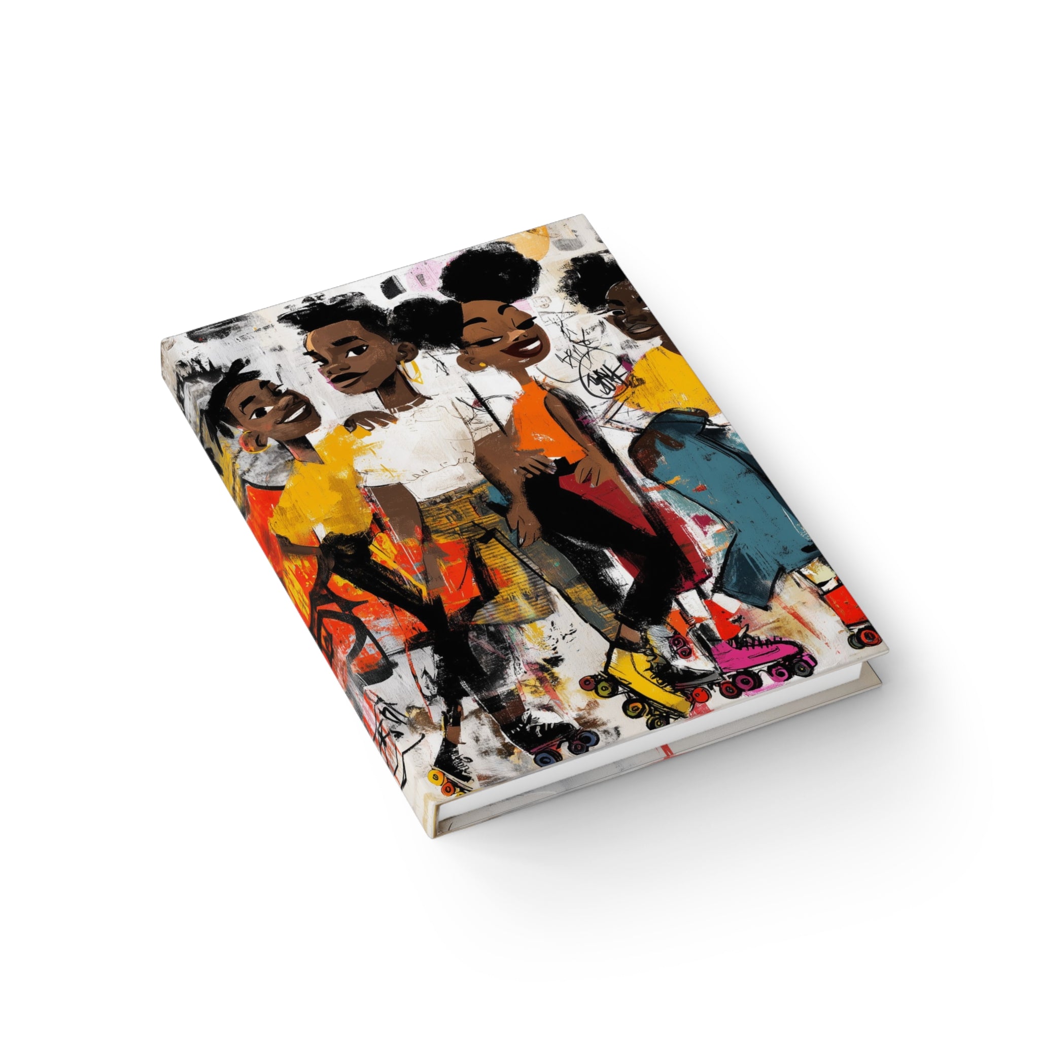 Hardcover journal featuring Black roller skating teens, displayed in a flat lay at an angled view to showcase the cover and page edges against a white background.