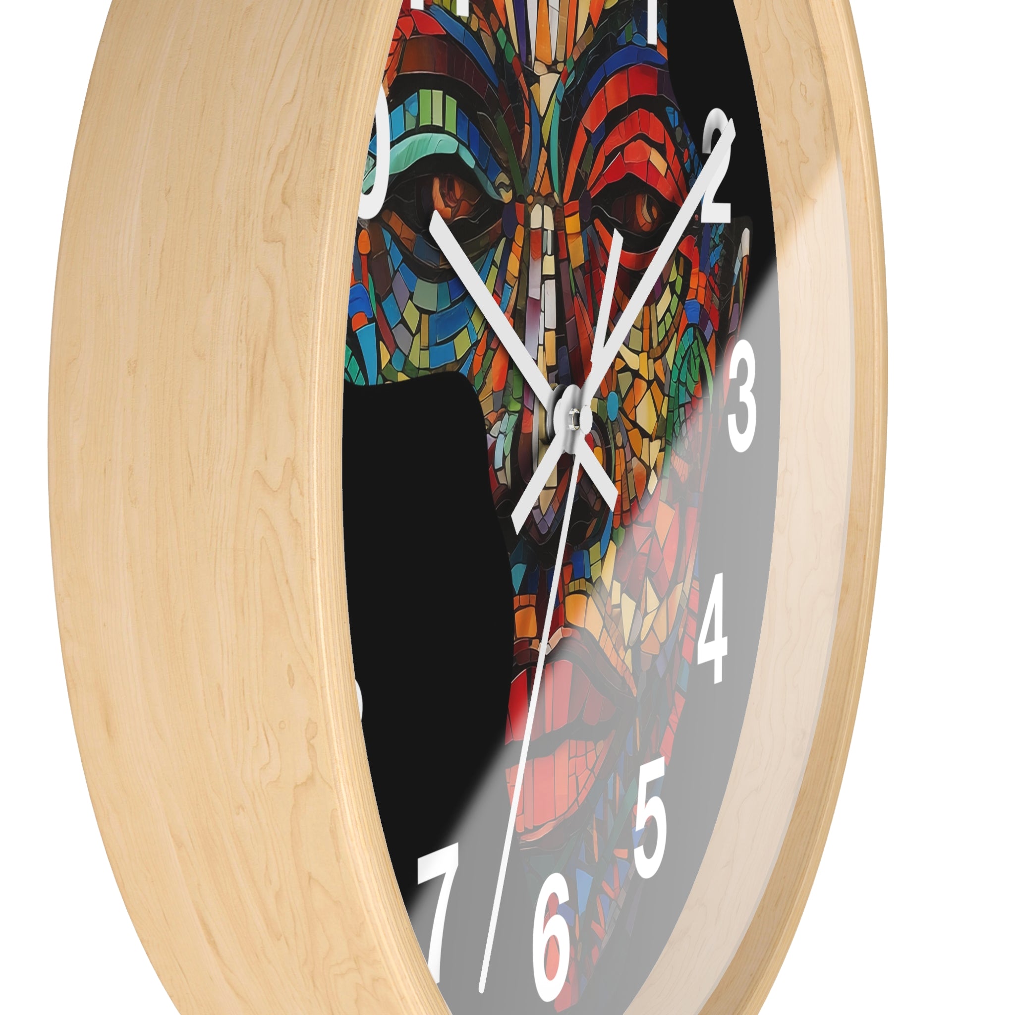 African Mosaic Mask Round Wall Clock featuring a mosaic-style African mask in the shape of the continent of Africa. Abstract Afrocentric wall decor with bold geometric patterns and vibrant colors.