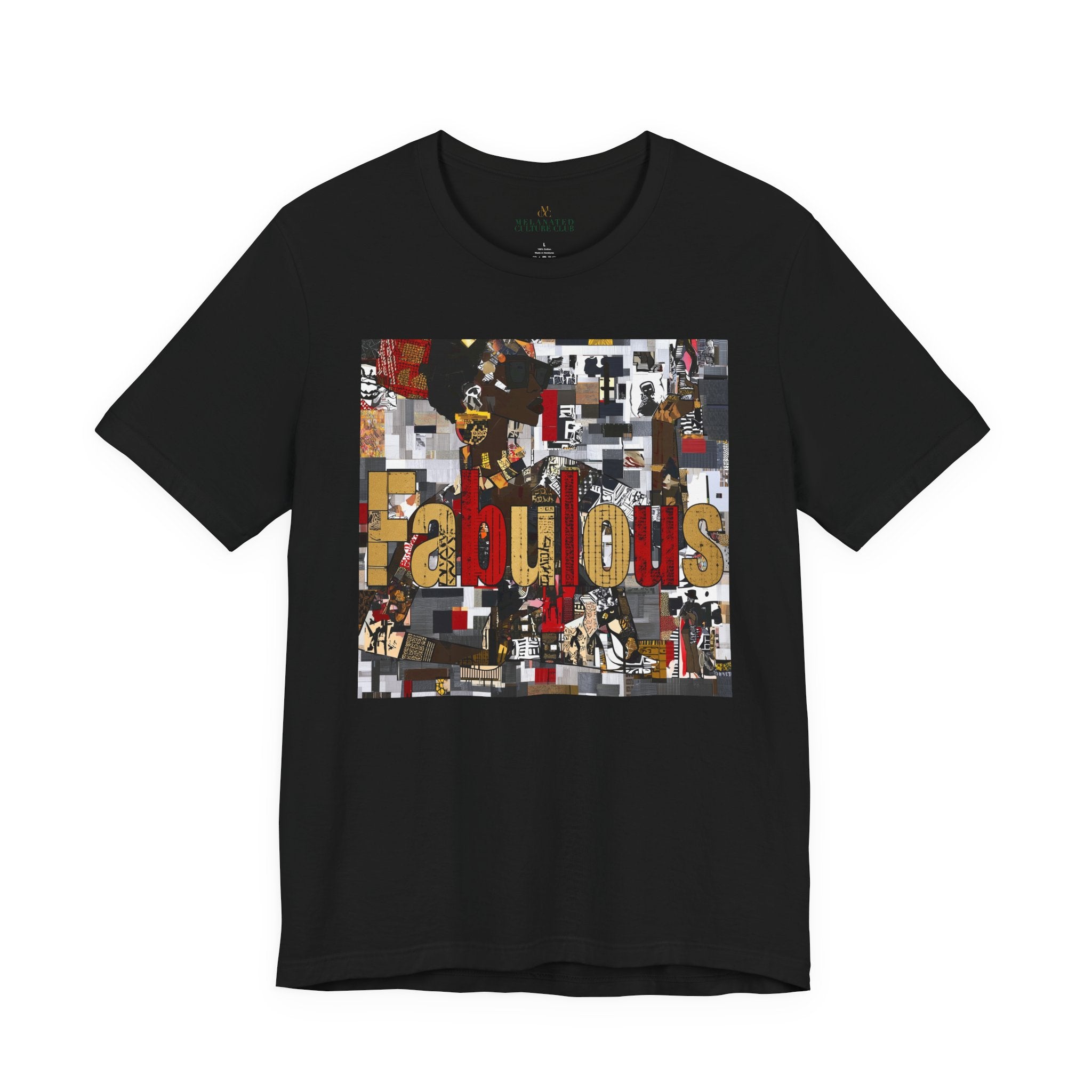 A black short-sleeve crewneck t-shirt featuring a large rectangular graphic print on the front with the word 'Fabulous' in gold letters over a collage of images featuring a stylized Black female.