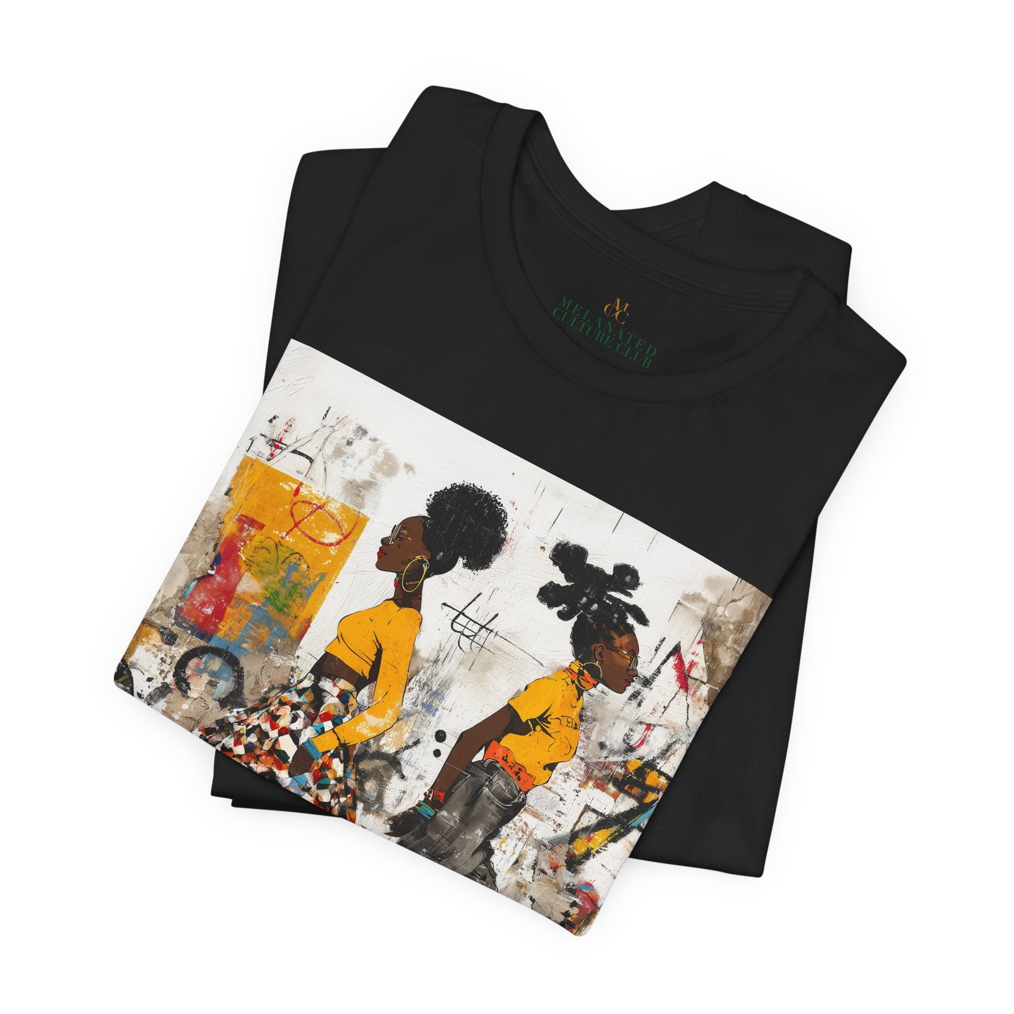 Two Black women with natural hairstyles wearing bold streetwear and roller skates, standing against a colorful abstract graffiti background on an Afrocentric graphic t-shirt.