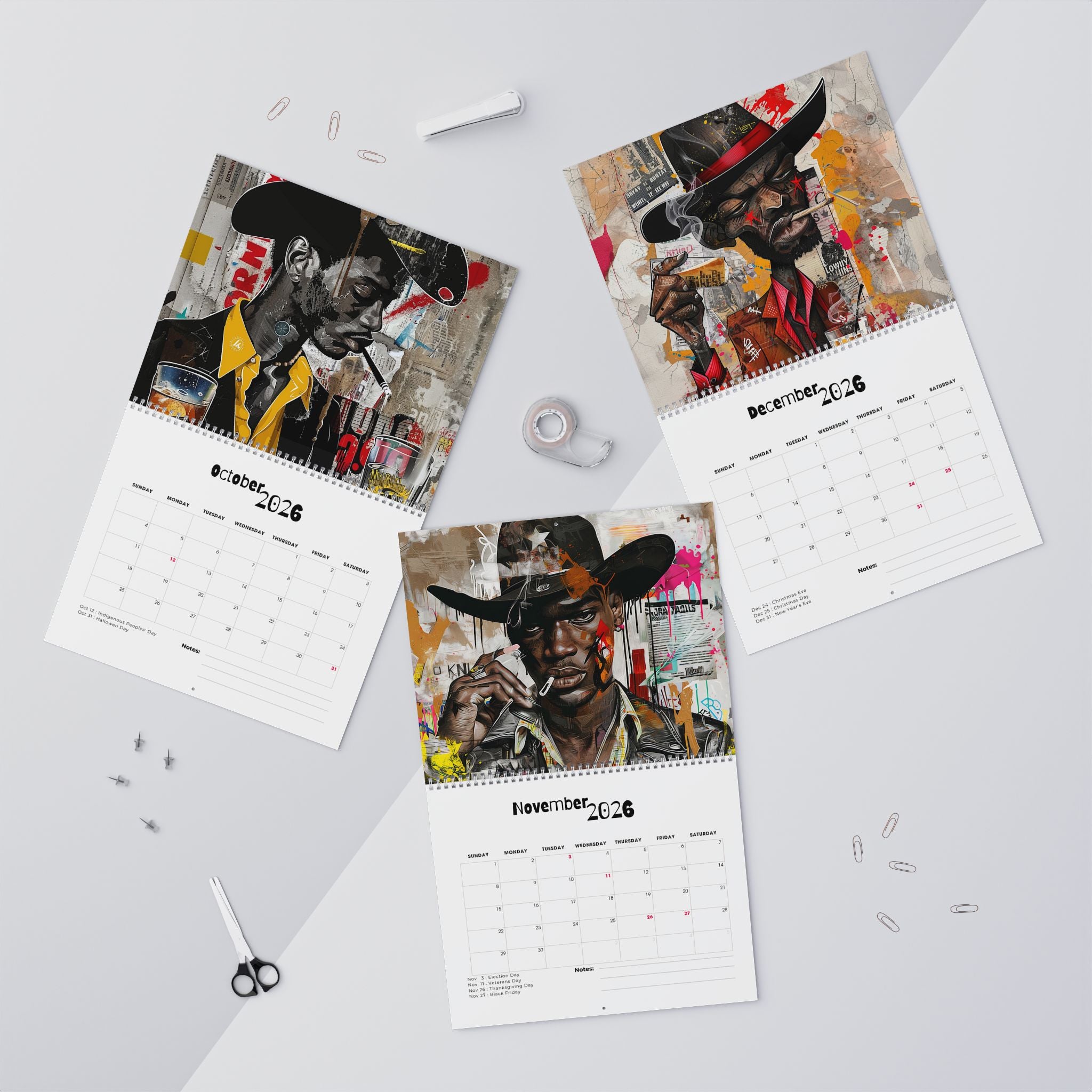 2026 Black Cowboys Wall Calendar featuring Afrocentric cartoon and graffiti-style artwork. Bold calendar celebrating African American cowboys, Western heritage, and Black culture—perfect for home or office décor. 
