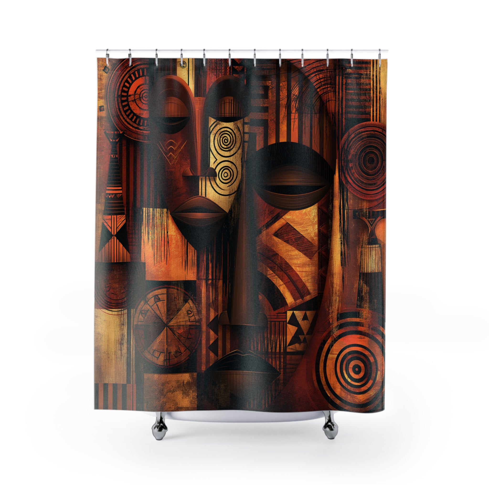 African Mask Abstract Shower Curtain full view on shower curtain rod.