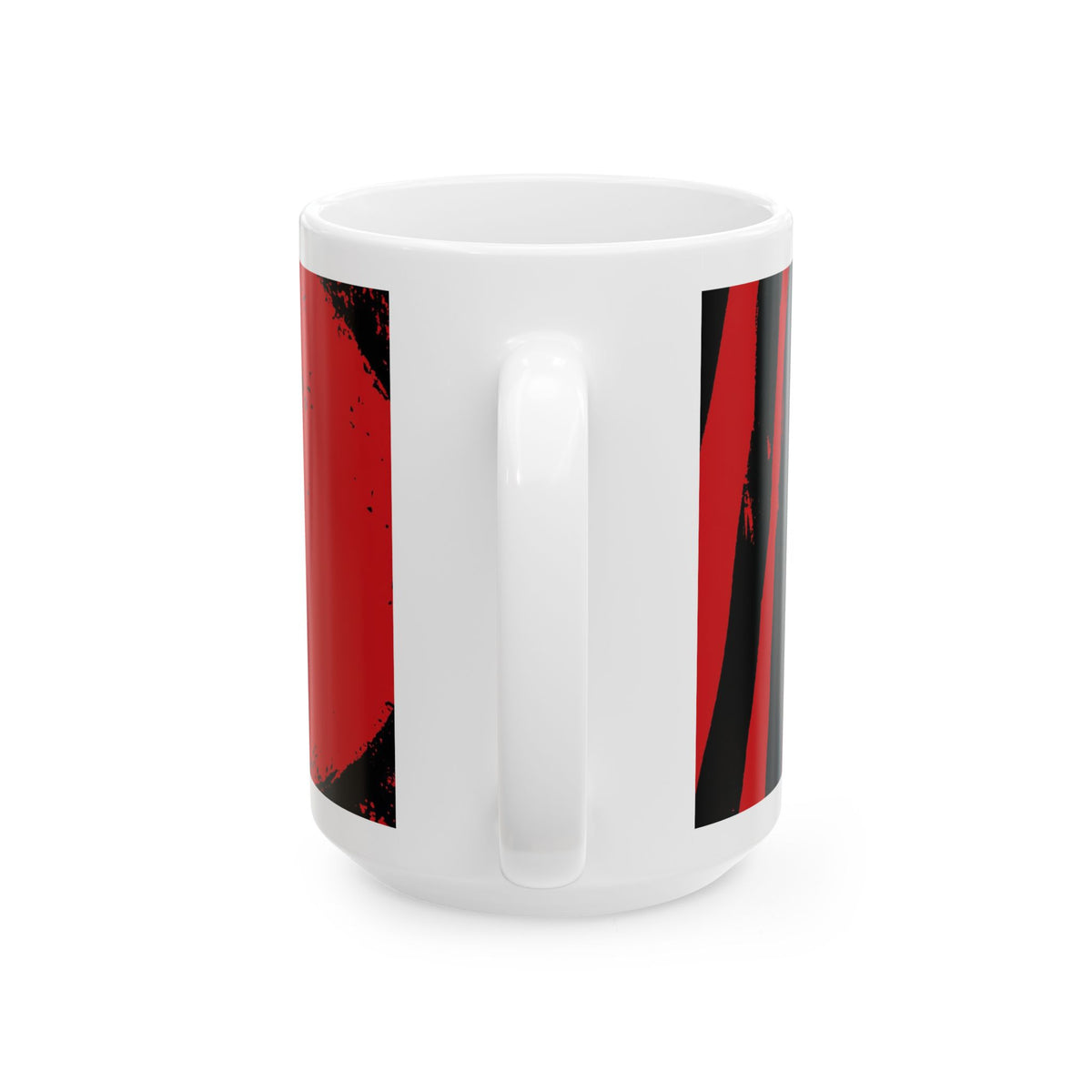 Back view of 15 oz. red, black and cream abstract art coffee mug featuring bold geometric circles, stripes, organic shapes and a Bauhaus-inspired modern design, displayed against a white background.