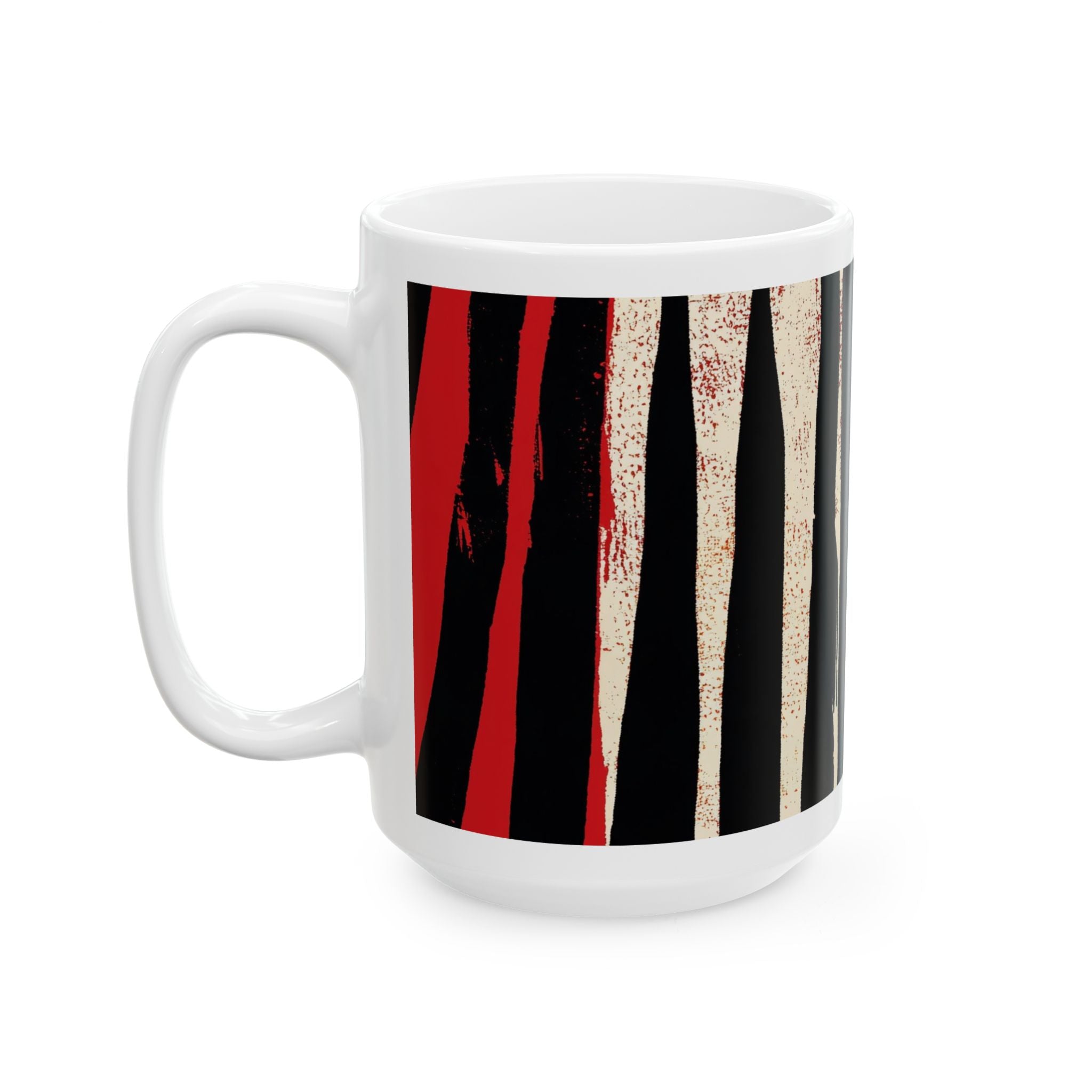 Left handle view of 15 oz. red, black and cream abstract art coffee mug featuring bold geometric circles, stripes, organic shapes and a Bauhaus-inspired modern design, displayed against a white background.