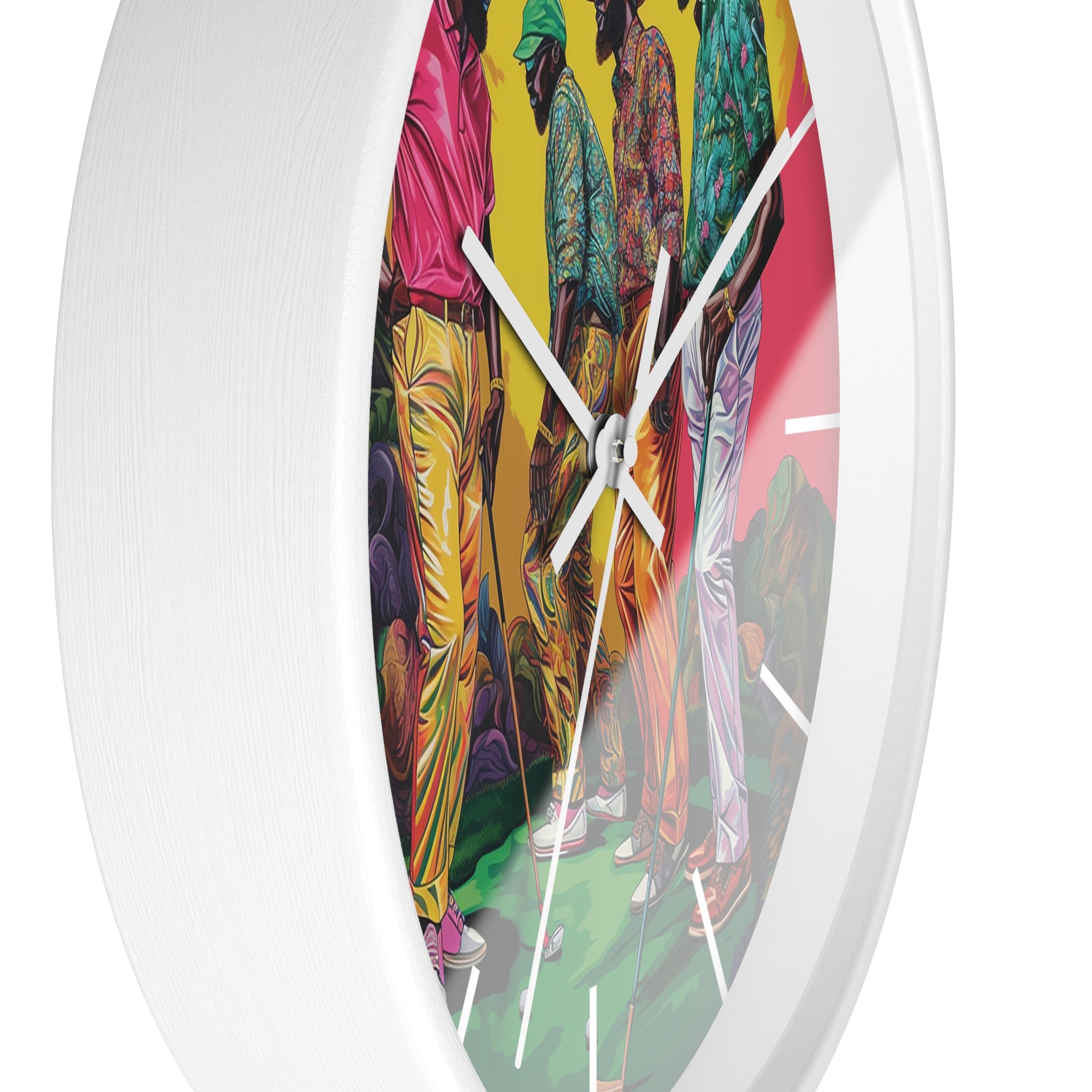 Black Men Playing Golf Wall Clock featuring African American golfers on the green. Afrocentric sports wall decor celebrating Black men in golf, leisure, and culture.