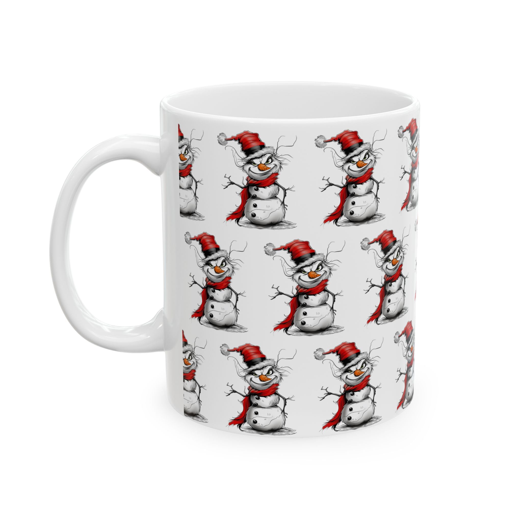 Grinch Snowman Coffee Mug featuring a naughty-looking snowman with a Grinch-inspired face – unique Christmas holiday beverage mug perfect for festive kitchens and seasonal drinks.