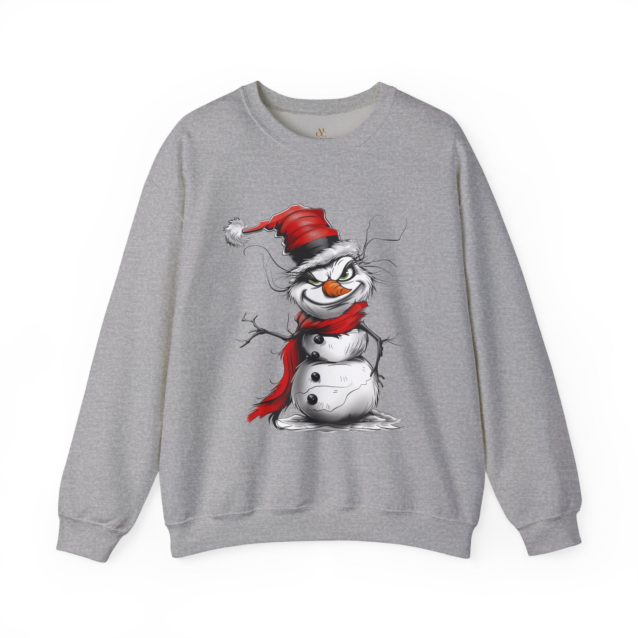 Snowman Grinch Sweatshirt featuring a unique snowman with a naughty, Grinch-inspired face – festive holiday Christmas sweater perfect for parties and seasonal wear.
