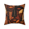Abstract Afrocentric African Mask 20" x 20" throw pillow featuring a colorful tribal-inspired face with bold geometric patterns and vibrant cultural artwork displayed displayed against a white background.