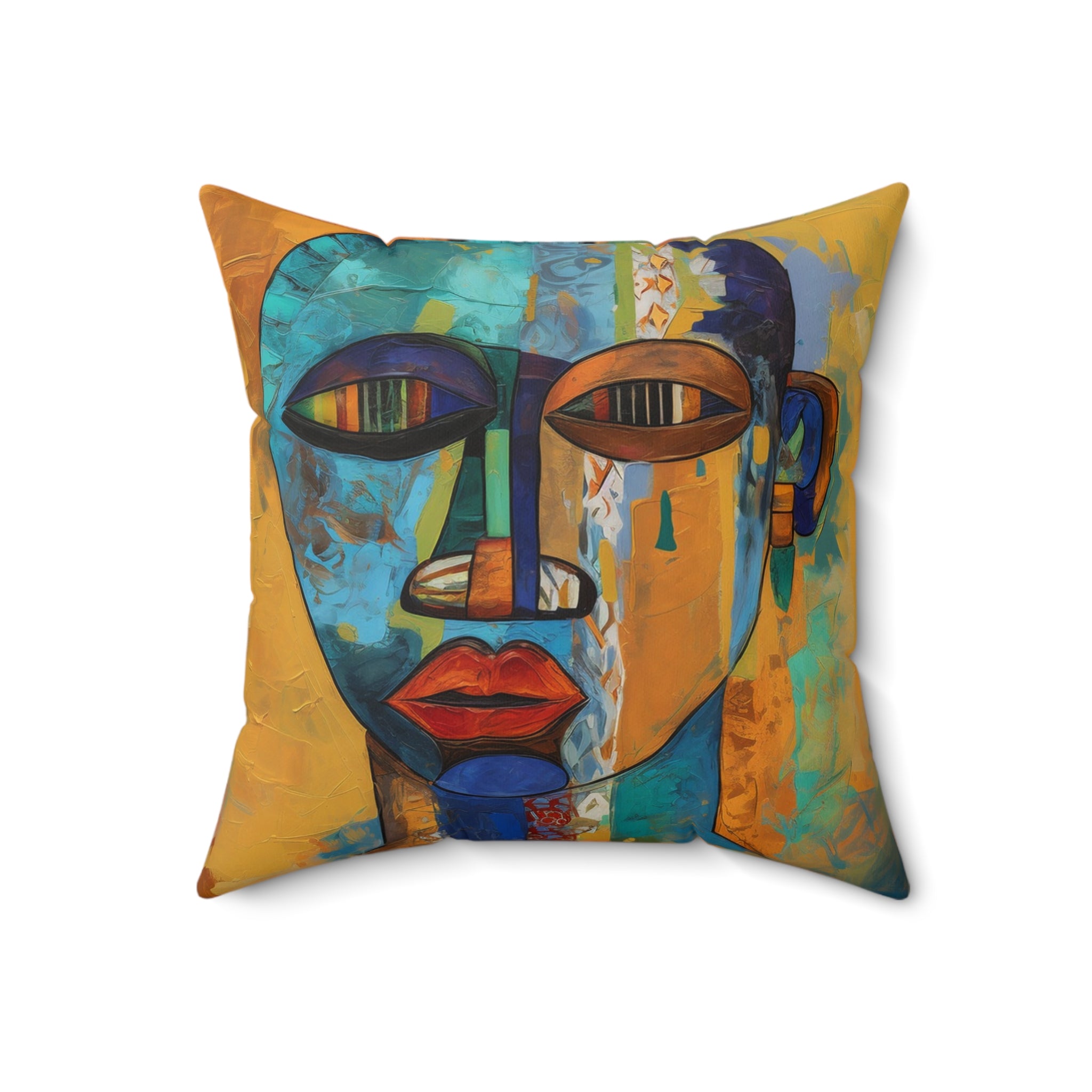 African Mask Faux Suede Square Pillow featuring an abstract African mask design in vibrant gold, teal, and orange colors. Afrocentric home decor accent for sofa or bed, celebrating African culture and modern abstract art.