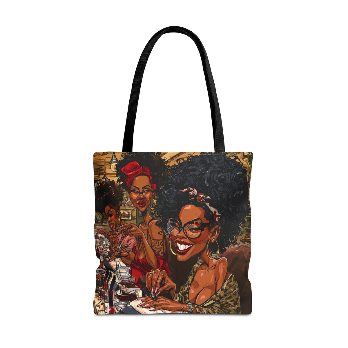 Full view of Black Women Nail Salon tote bag featuring colorful artwork of stylish Black women getting manicures together with nail polish and beauty accessories, displayed against a white background.