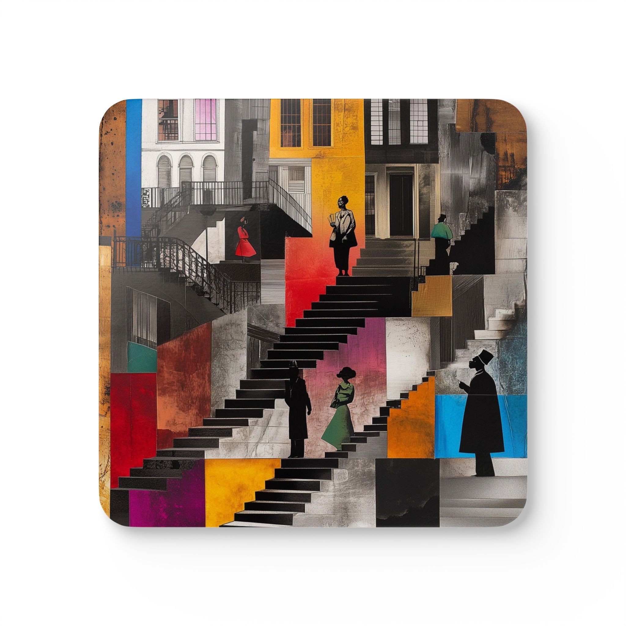 Set of 4 Harlem Neighborhood Drink Coasters featuring abstract illustrations of Harlem brownstones, Afrocentric barware accessory for home decor