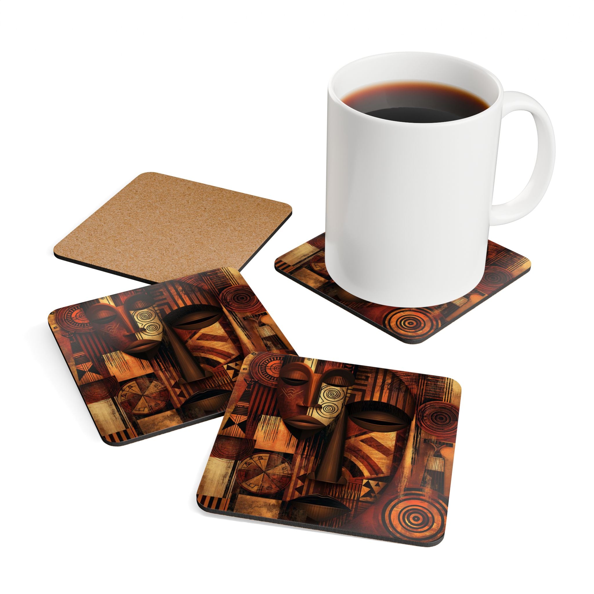 Set of four African Mask beverage coasters featuring vibrant Afrocentric artwork with cork backing, perfect for protecting tables while adding African American cultural style to living rooms, coffee tables, kitchens, and home bars.