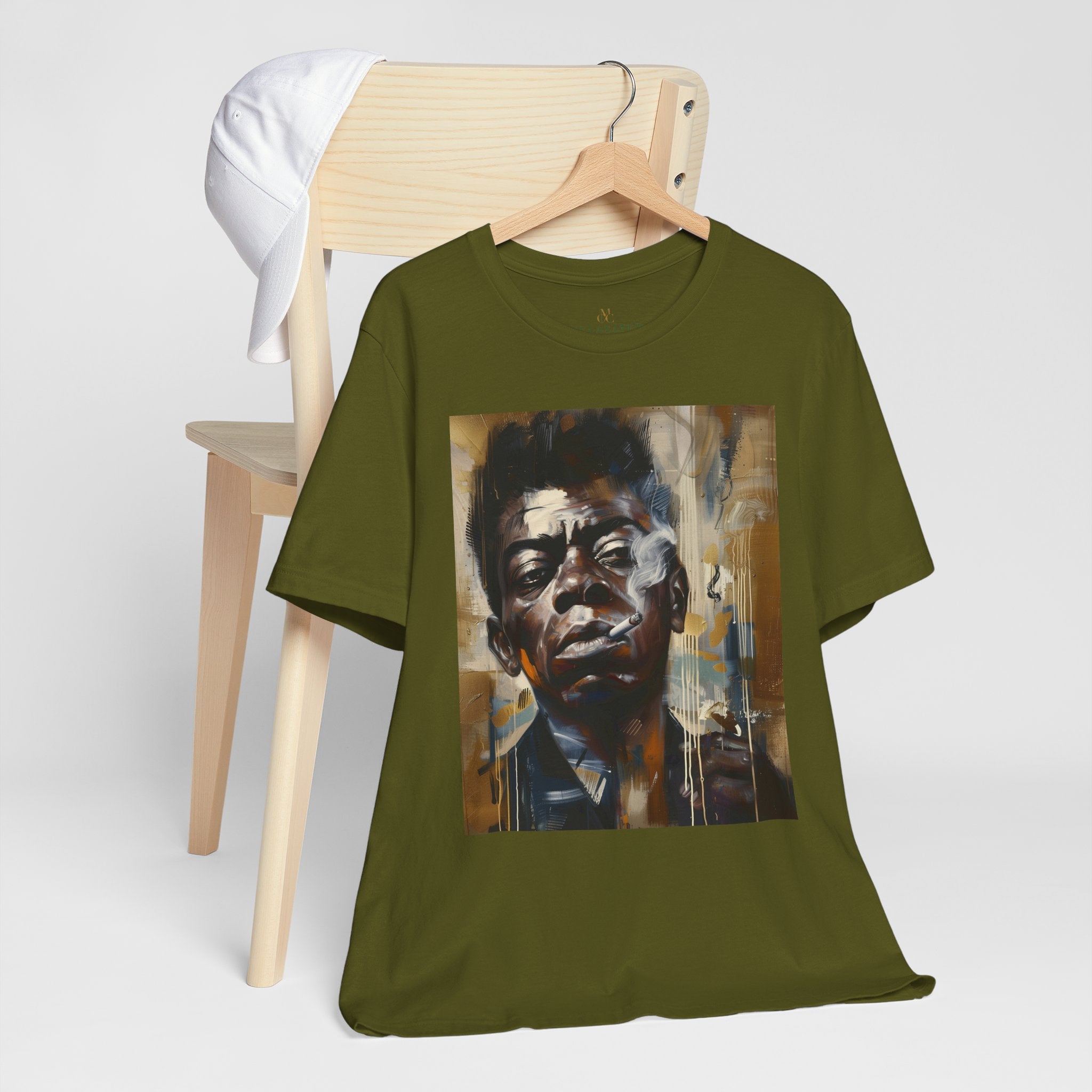 James Baldwin Tee Shirt featuring African American civil rights activist, bold Afrocentric streetwear design, unisex Black culture fashion top.