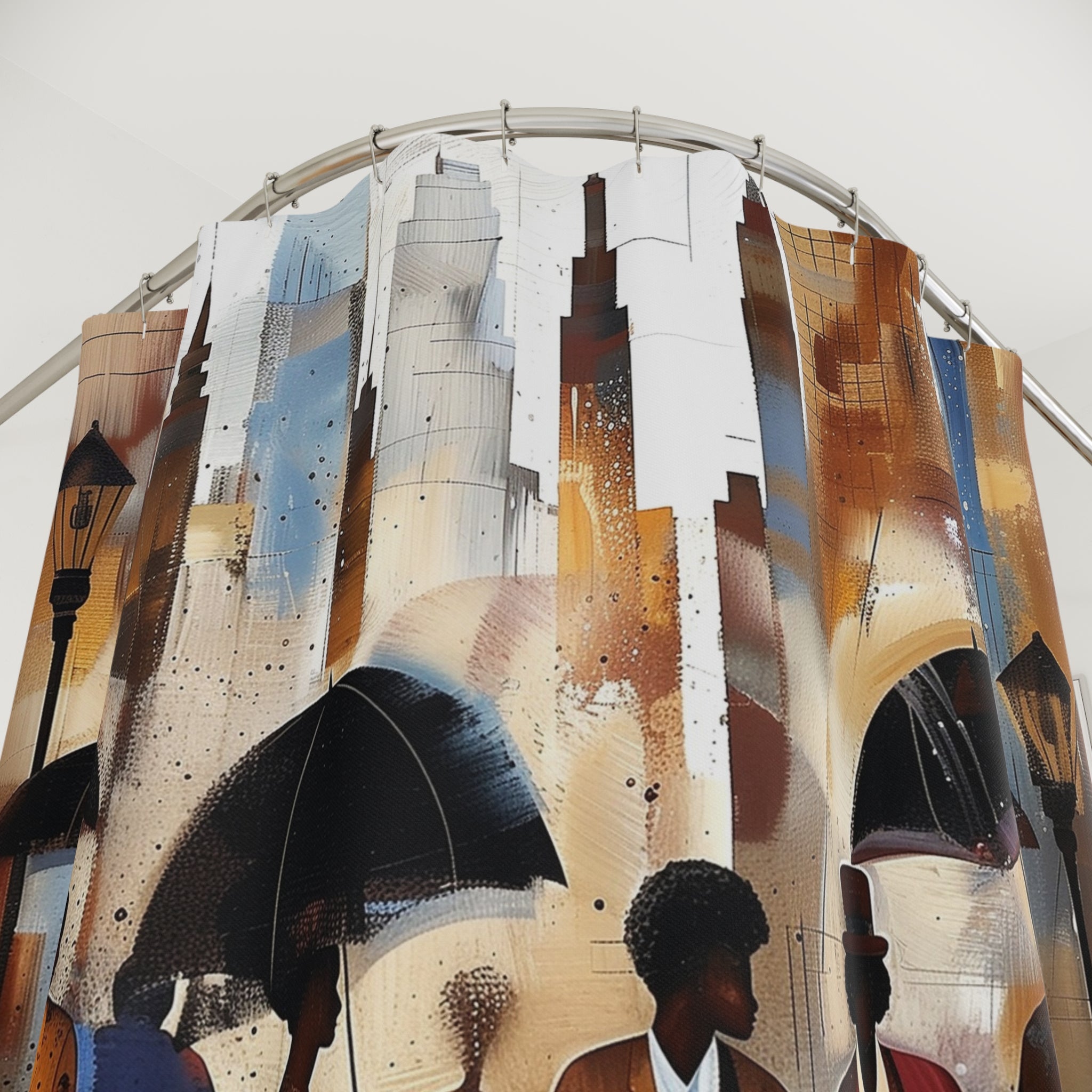 New York City Rainy Day shower curtain featuring Afrocentric abstract art of people walking in the rain during NYC rush hour with umbrellas and city skyline.
