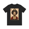 Black Queen of Hearts Tee Shirt featuring an illustrated African American woman with an afro and gold crown, styled as the Queen of Hearts playing card. Afrocentric vintage-inspired streetwear design in bold red, gold, and black colors.