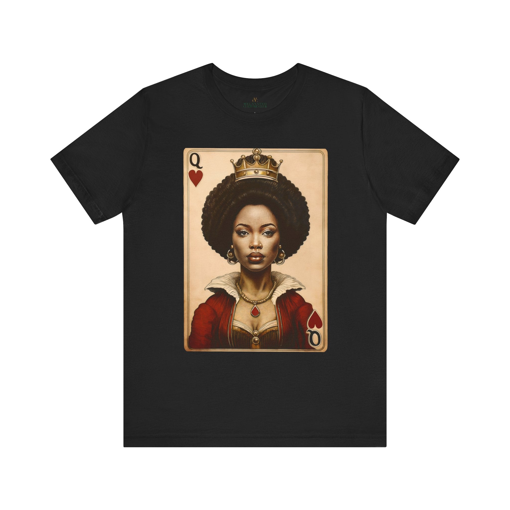 Black Queen of Hearts Tee Shirt featuring an illustrated African American woman with an afro and gold crown, styled as the Queen of Hearts playing card. Afrocentric vintage-inspired streetwear design in bold red, gold, and black colors.