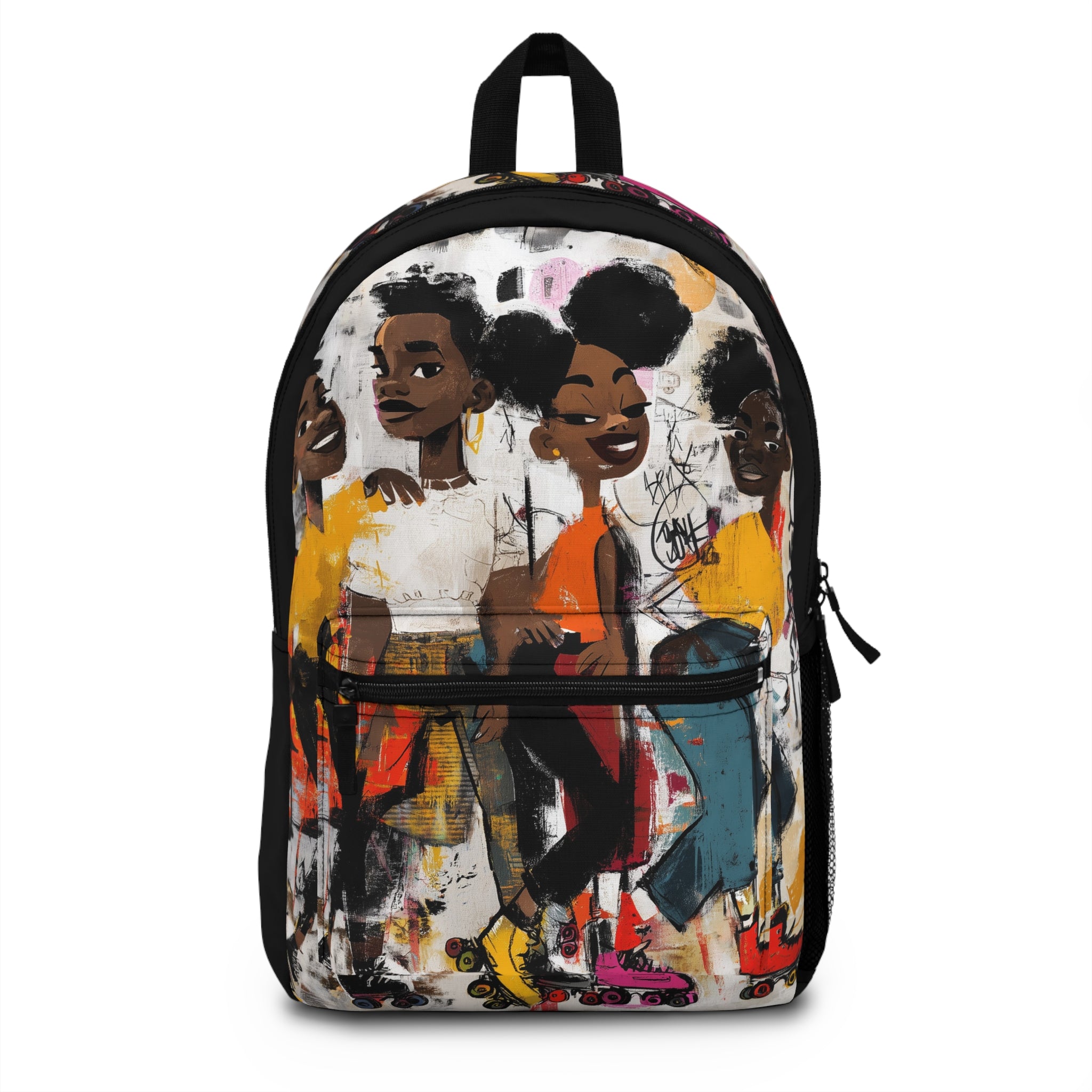 A backpack featuring a colorful, artistic illustration of Black teen roller skaters on the front, with black trim, a top handle, and a zippered front pocket, shown against a plain white background.