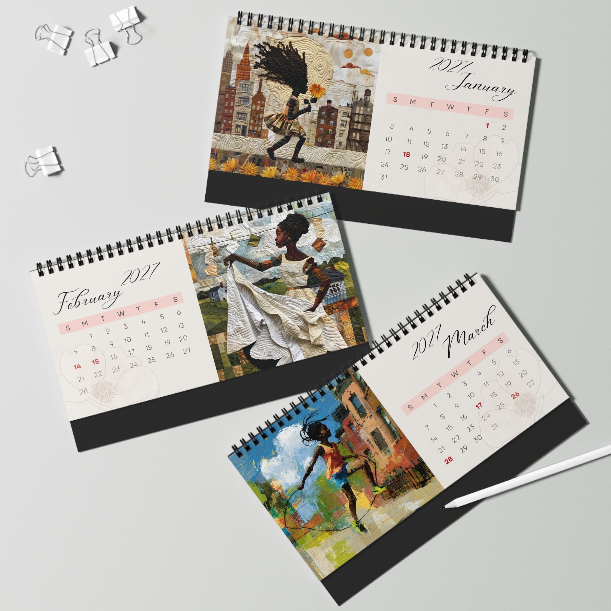 Months of Jan, Feb, March for Rooted in Home 2027 Desktop Calendar.