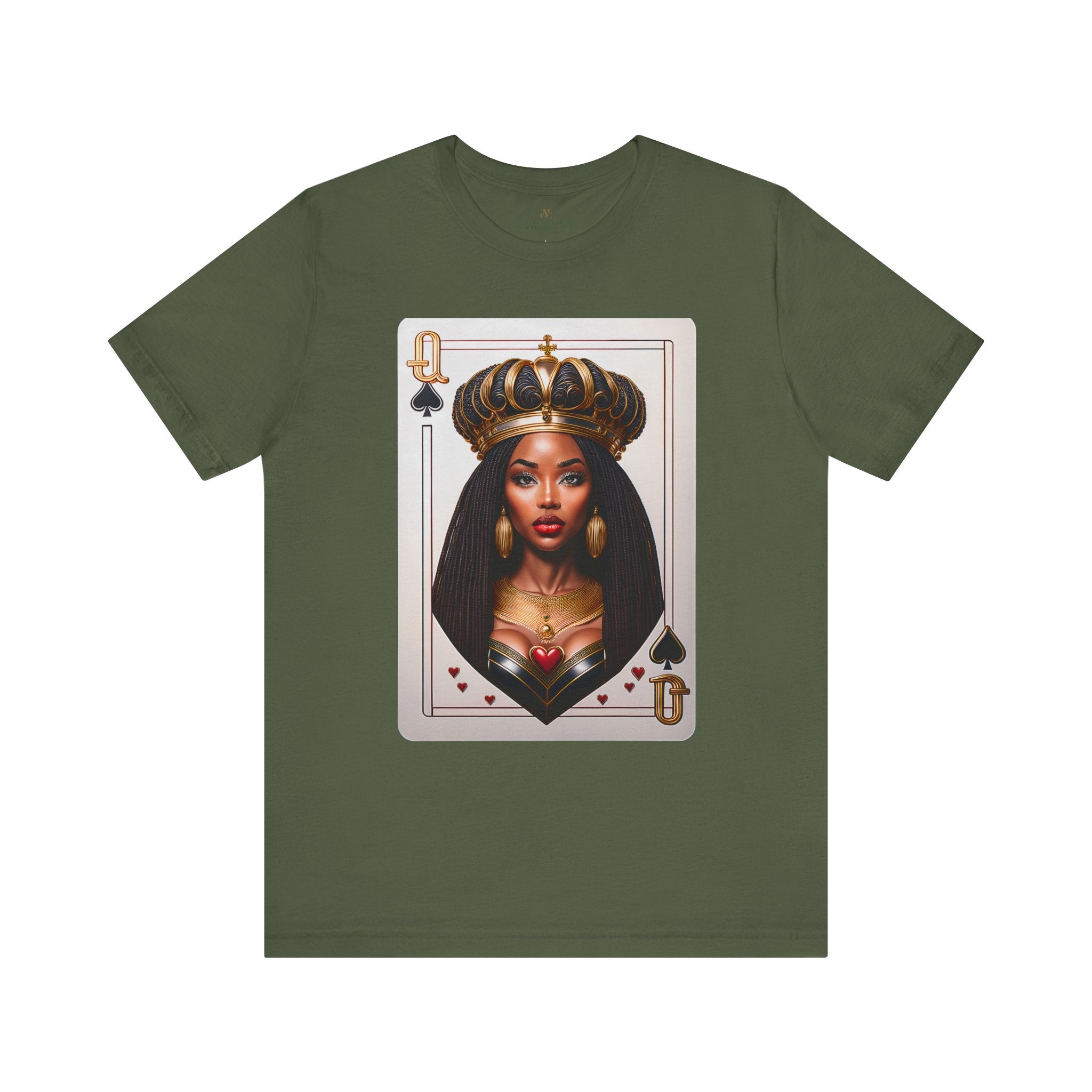 Black Queen of Spades Tee Shirt featuring an illustrated African American woman with an afro and gold crown, styled as the Queen of Spades playing card. Afrocentric vintage-inspired streetwear design in bold red, gold, and black colors.