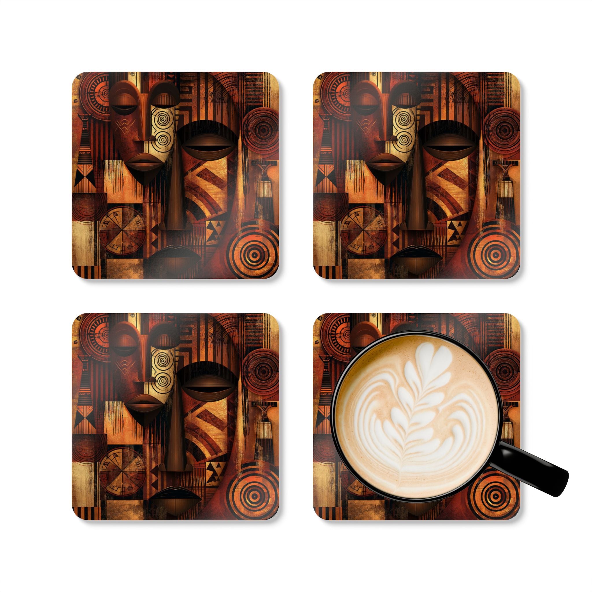 Set of four African Mask beverage coasters featuring vibrant Afrocentric artwork with cork backing, perfect for protecting tables while adding African American cultural style to living rooms, coffee tables, kitchens, and home bars.
