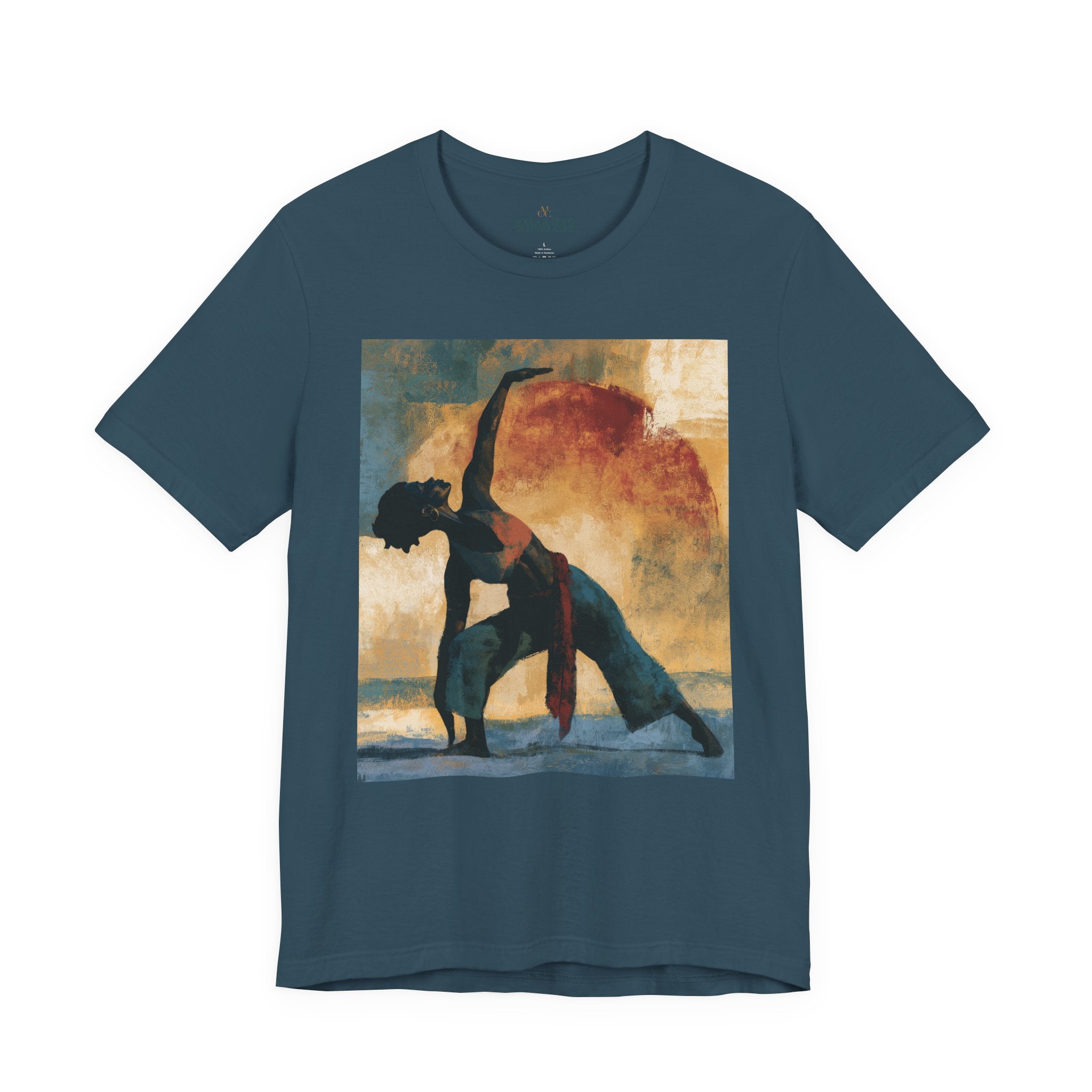 A deep teal colored short-sleeve crewneck t-shirt featuring a Black woman in a yoga pose against a warm, abstract sunset background.