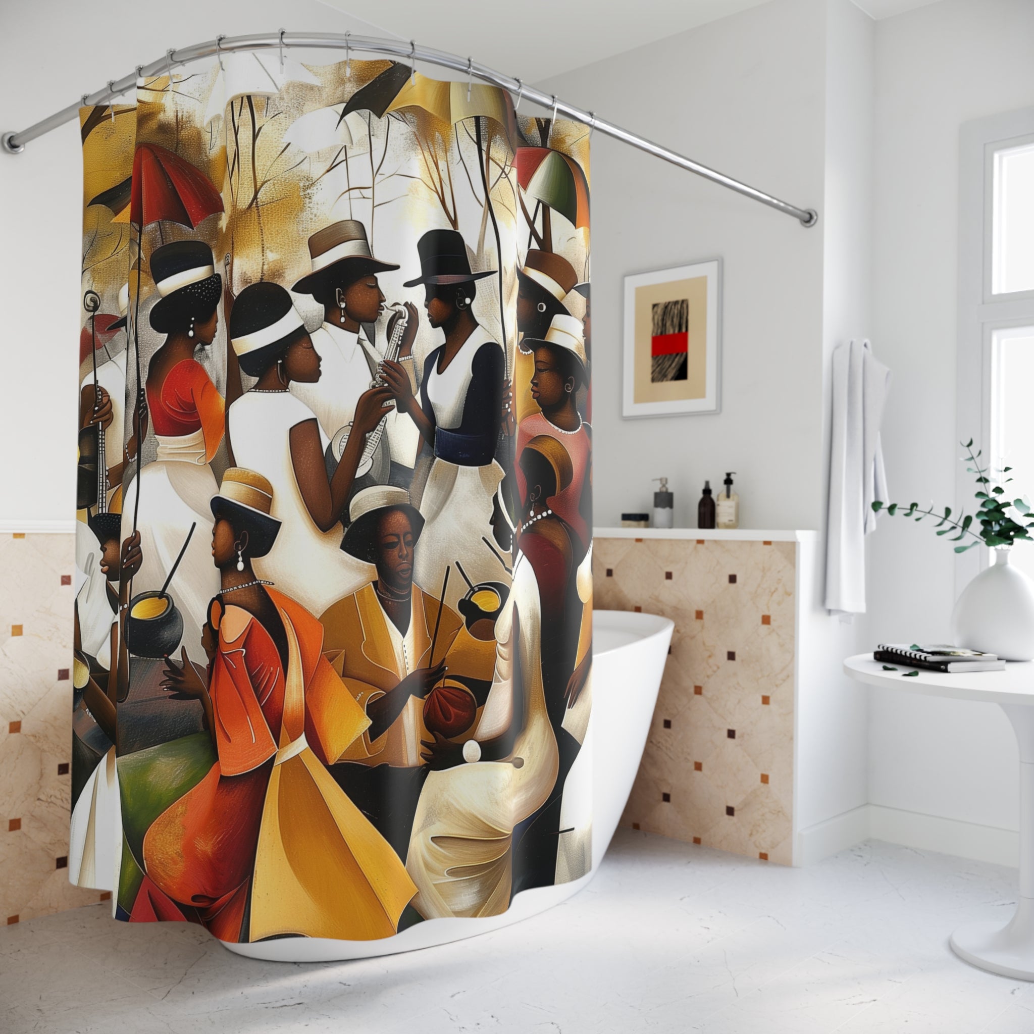 Juneteenth Family Reunion Shower Curtain featuring Afrocentric artwork of Black families gathering in a park, celebrating freedom, community, music, food, and African American culture with vibrant colors and joyful expressions.