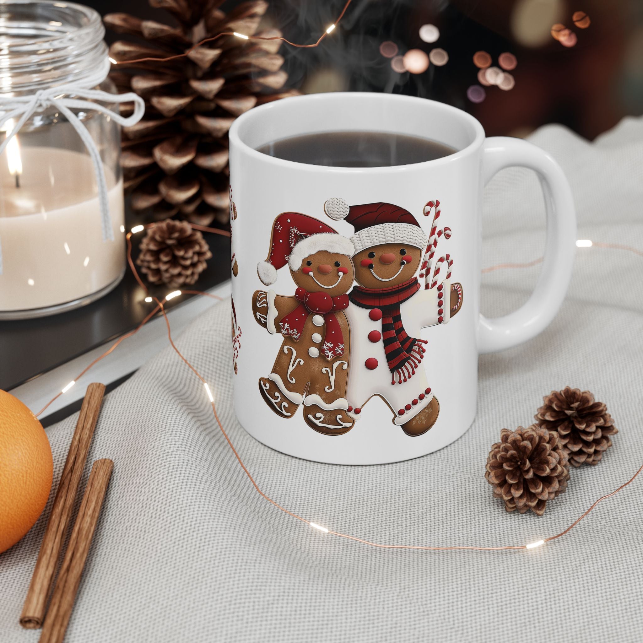 Gingerbread Cookie Couple Coffee Mug featuring a festive gingerbread couple design, Christmas holiday beverage mug perfect for coffee, tea, and hot cocoa, available in 11 oz and 15 oz sizes.