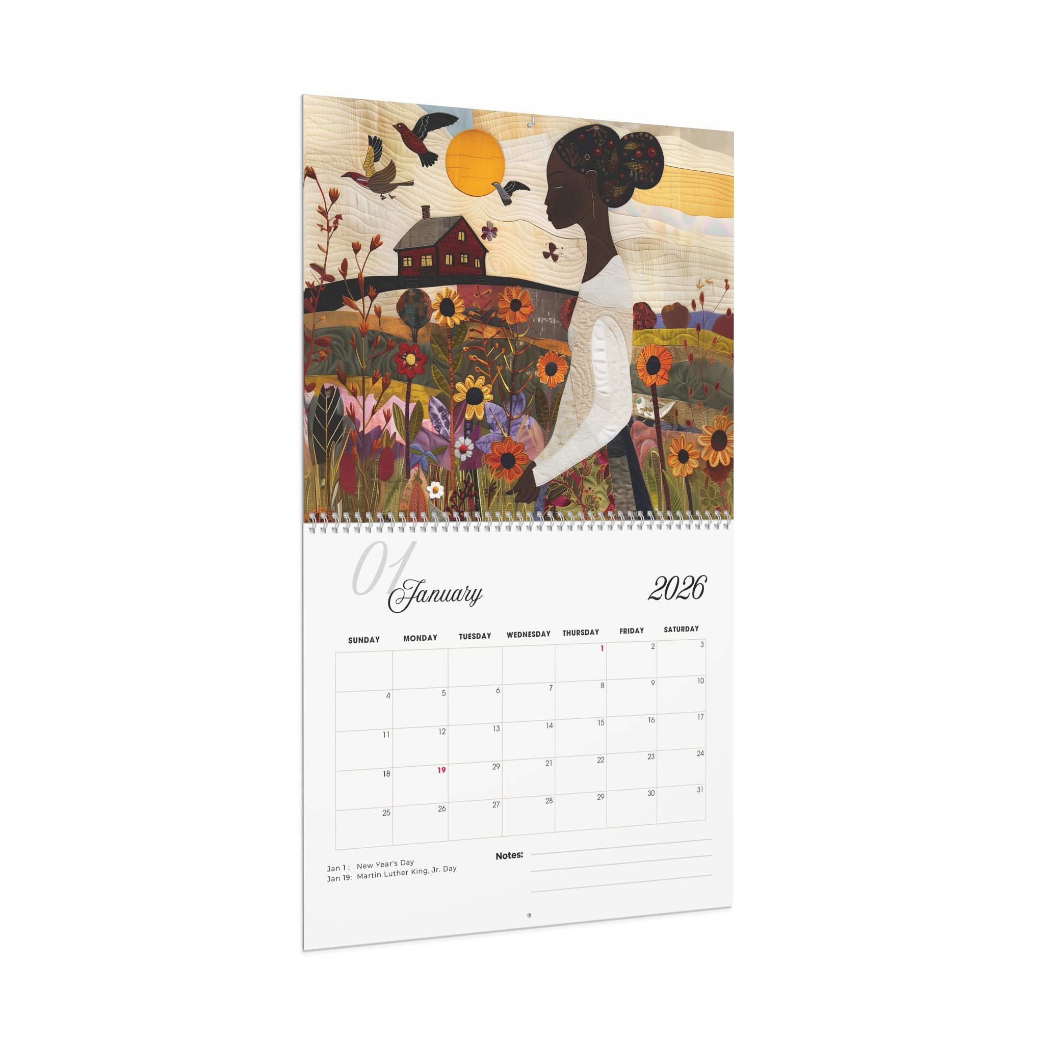 2026 Field of Flowers Wall Calendar featuring Afrocentric art of African American women in fields of wildflowers, created in a 3D quilt-like patchwork illustration style. (11 in. x 8.5 in.)
